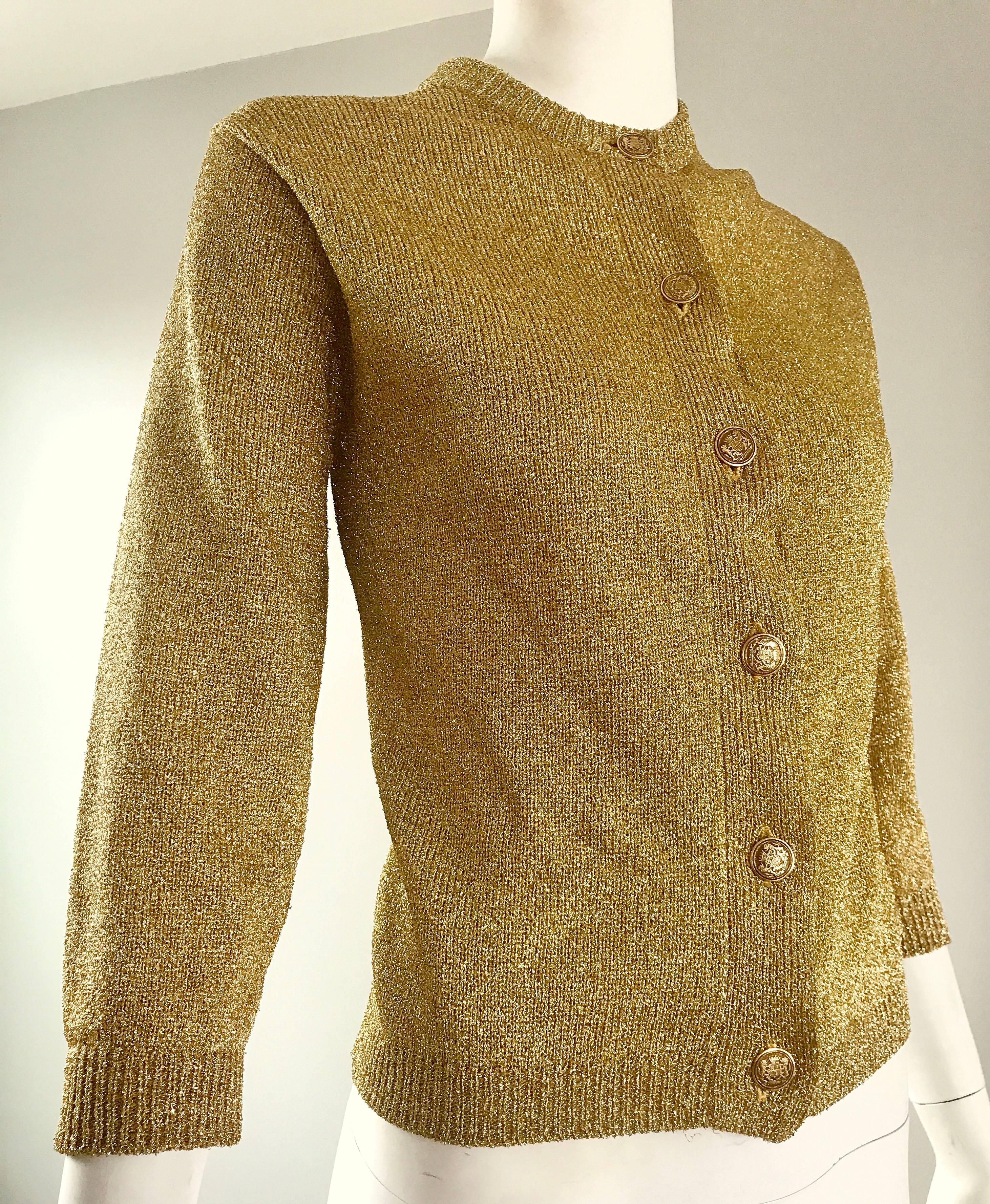 1950s Gold Metallic Lurex 3/4 Sleeves French Made Vintage 50s Cardigan Sweater For Sale 1