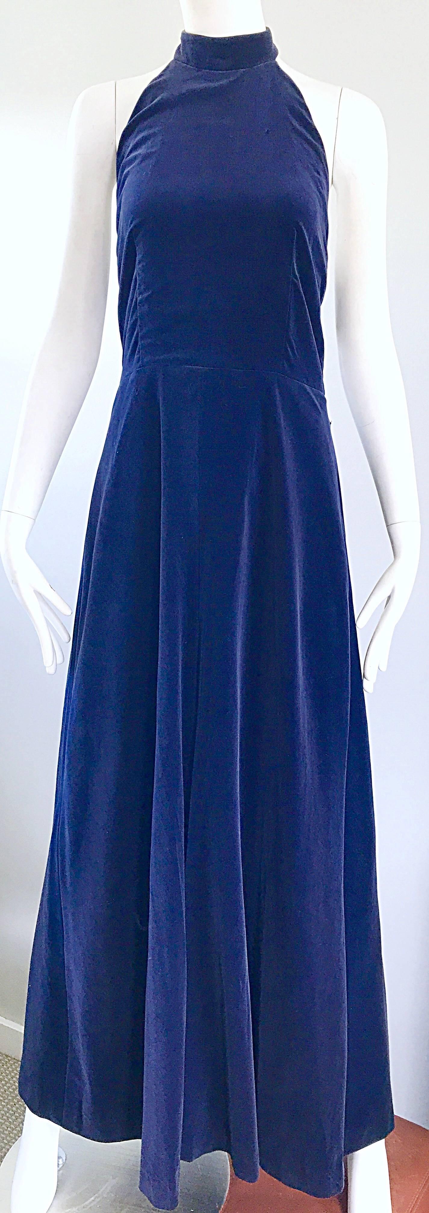 Yves Saint Laurent 1970s Vintage Navy Blue Velvet High Neck Halter Gown  In Excellent Condition In San Diego, CA