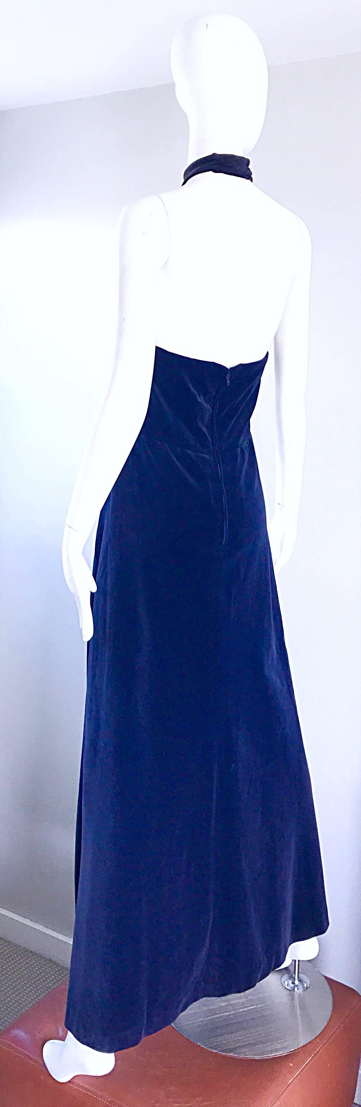 Yves Saint Laurent 1970s Vintage Navy Blue Velvet High Neck Halter Gown  1