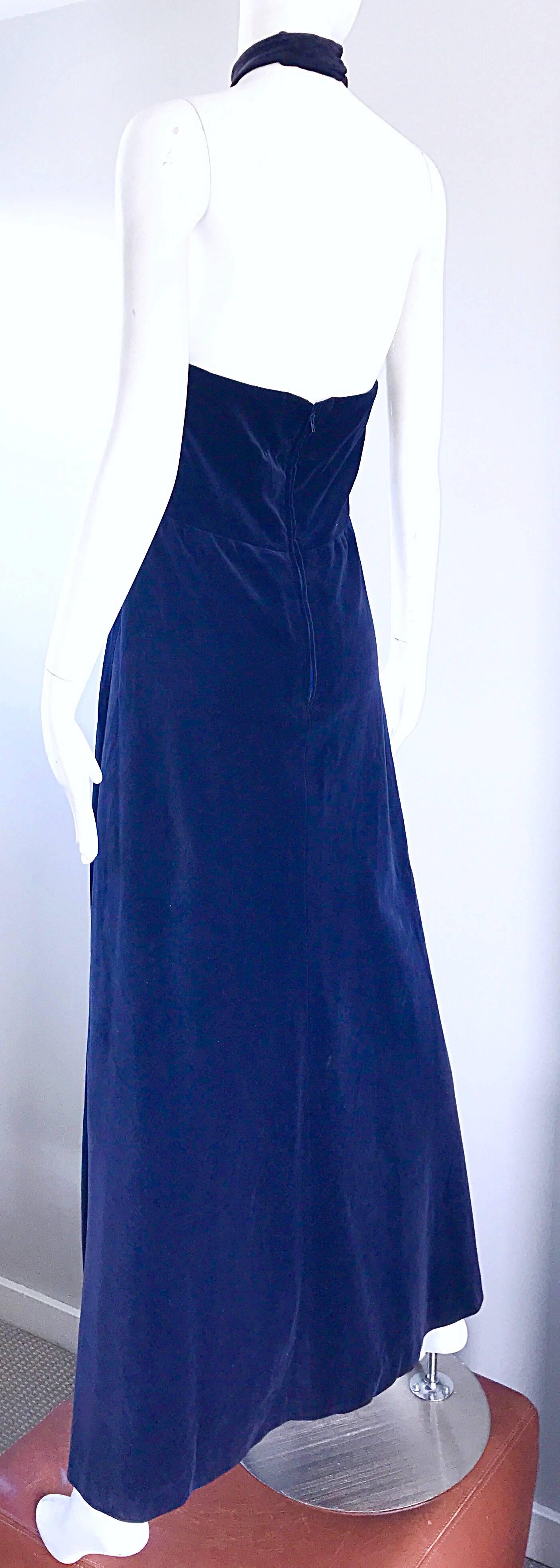 Yves Saint Laurent 1970s Vintage Navy Blue Velvet High Neck Halter Gown  2