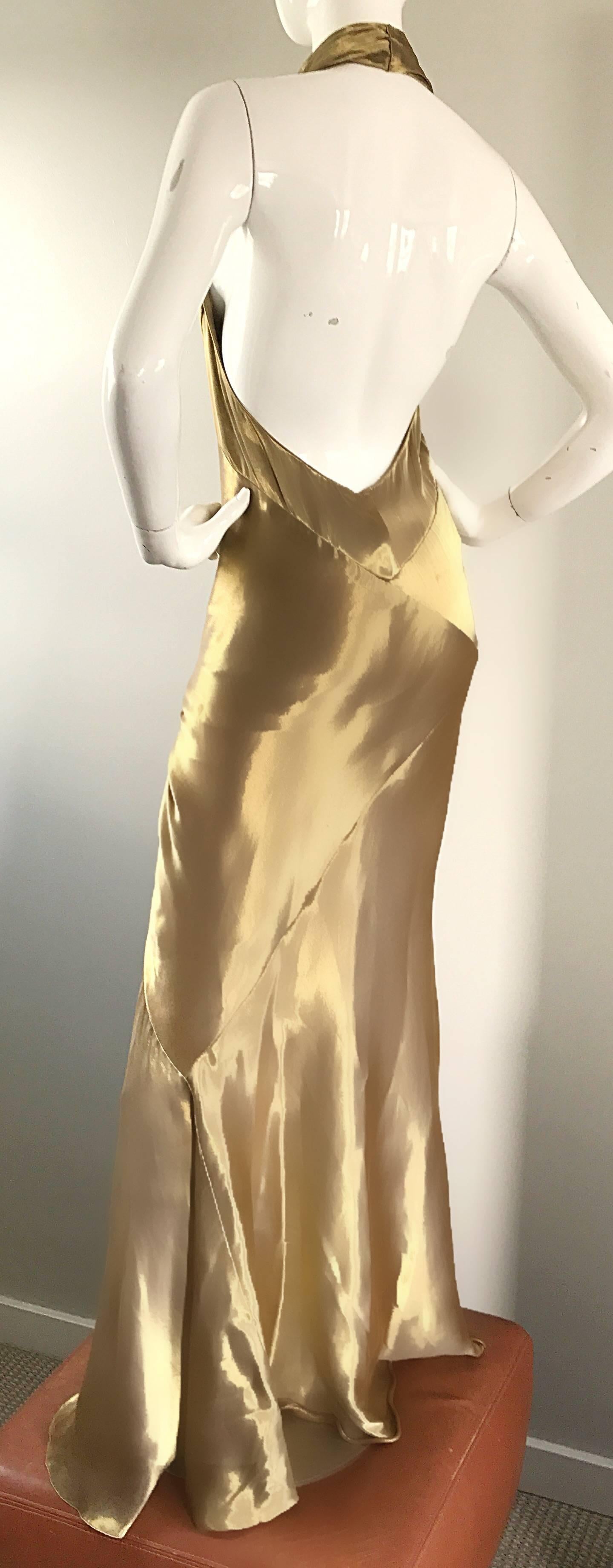 Brown Stunning Vintage Donna Karan 1990s Liquid Gold Silk Plunging 90s Halter Gown
