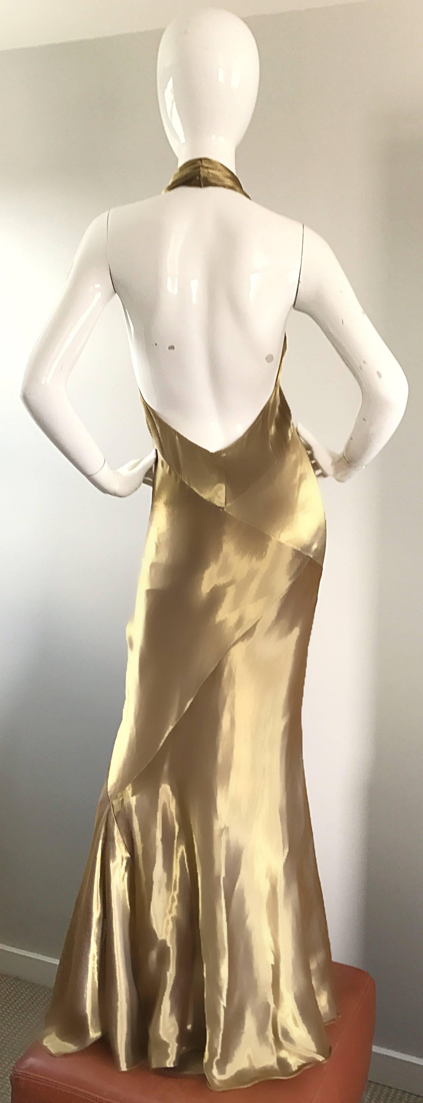Women's Stunning Vintage Donna Karan 1990s Liquid Gold Silk Plunging 90s Halter Gown