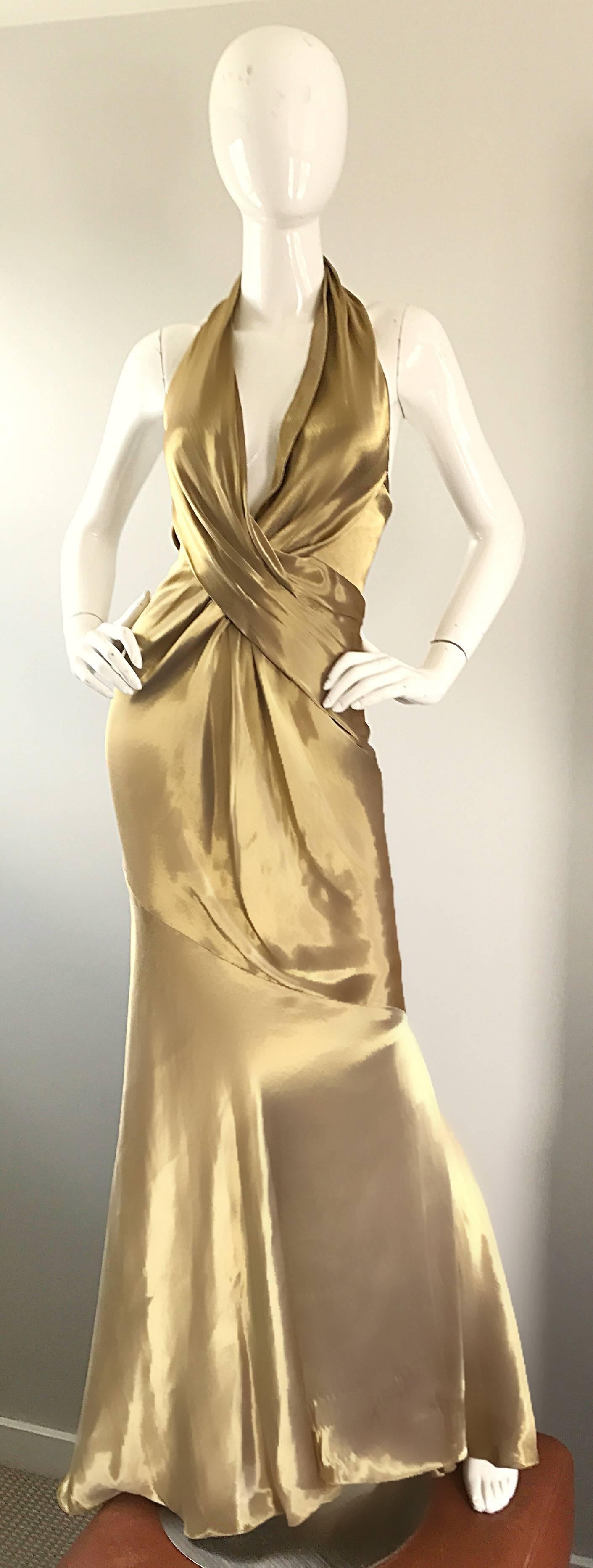 Stunning Vintage Donna Karan 1990s Liquid Gold Silk Plunging 90s Halter Gown 1