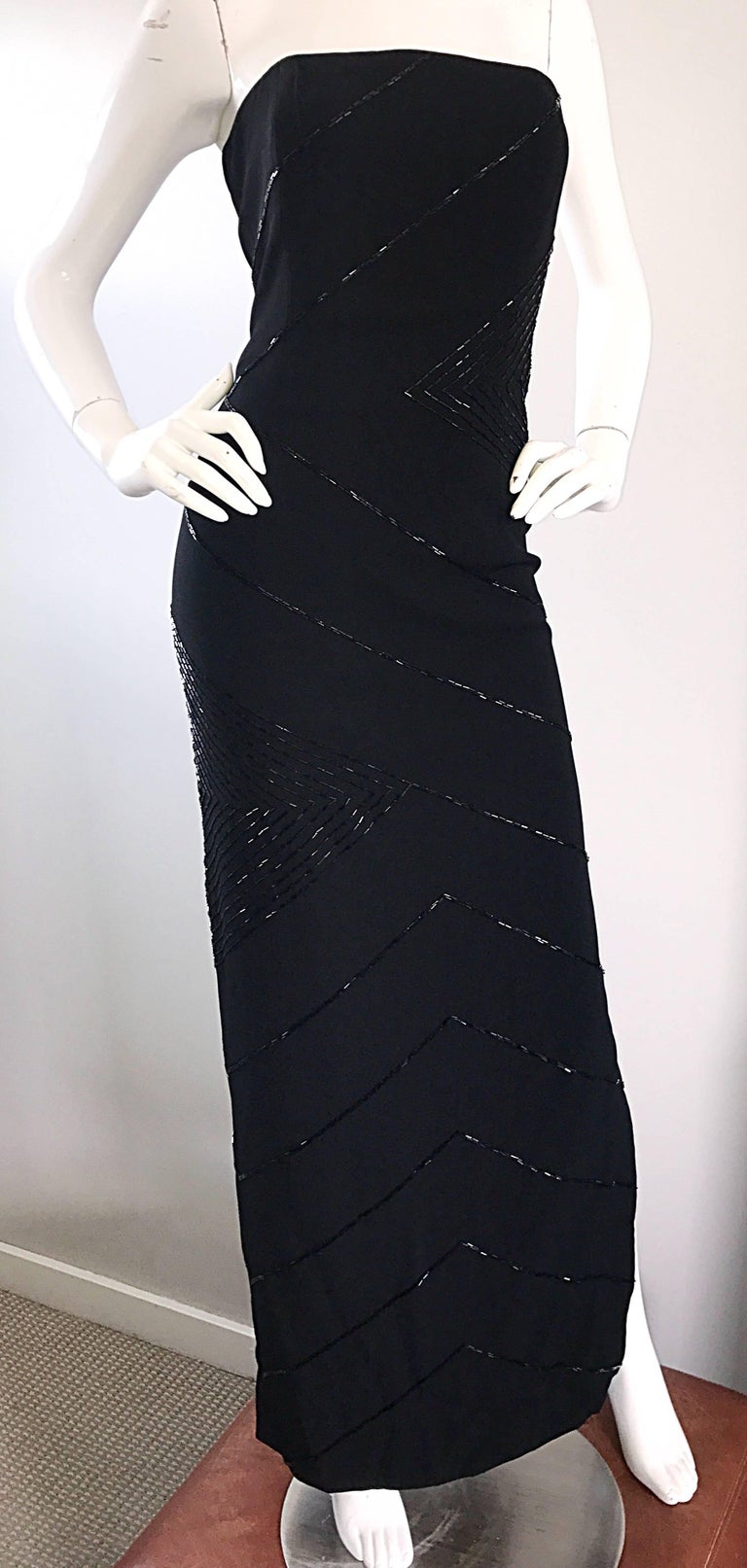 Robe Soirée Vintage Bill Blass - Noire Perles - Sans Bretelles Décolleté Cœur - Taille 4 - Occasion TB