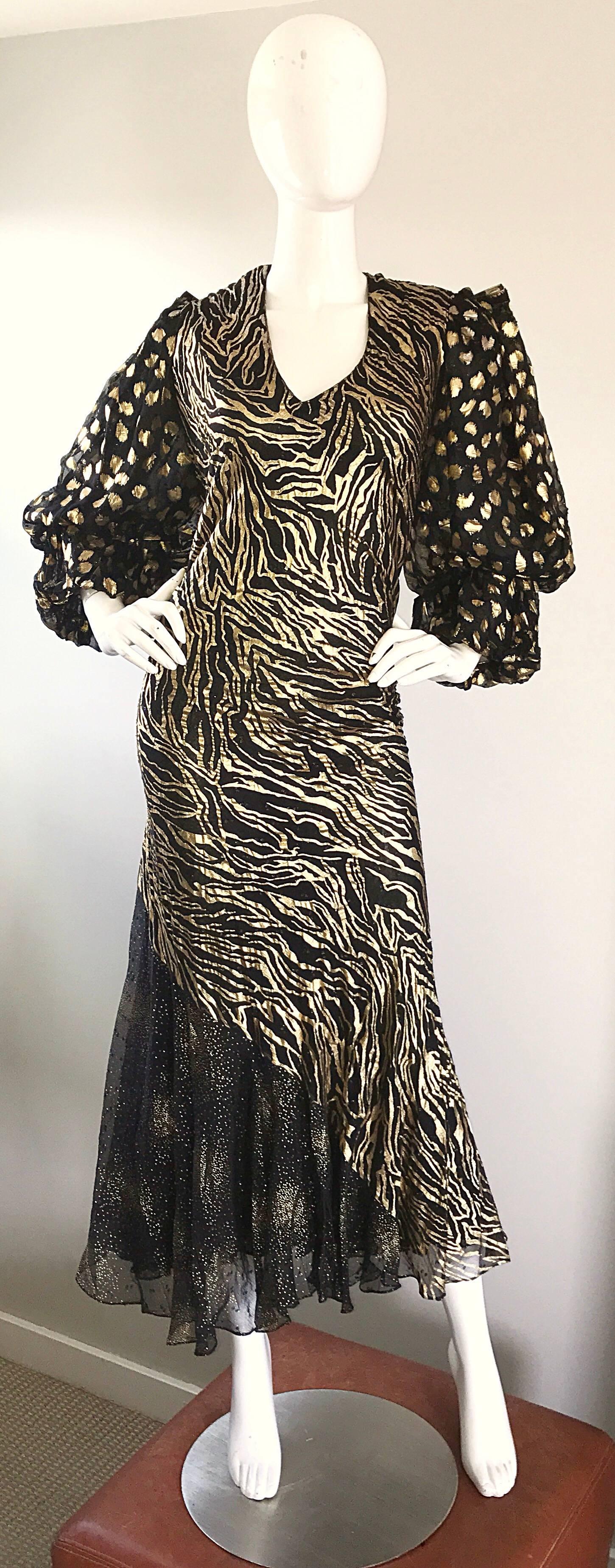 Rare hard to find plus size vintage JUDY HORNBY Couture gold and black hand painted zebra and leopard print bishop sleeve silk mermaid hem gown! Features a v-neckline. Handpainted metallic gold and black zebra print on the bodice and skirt.