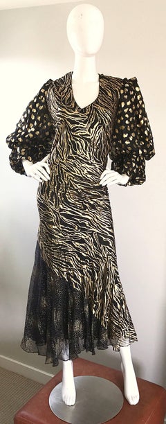 Plus Size Vintage Judy Hornby Couture Hand Painted Gold Black Animal Print Dress