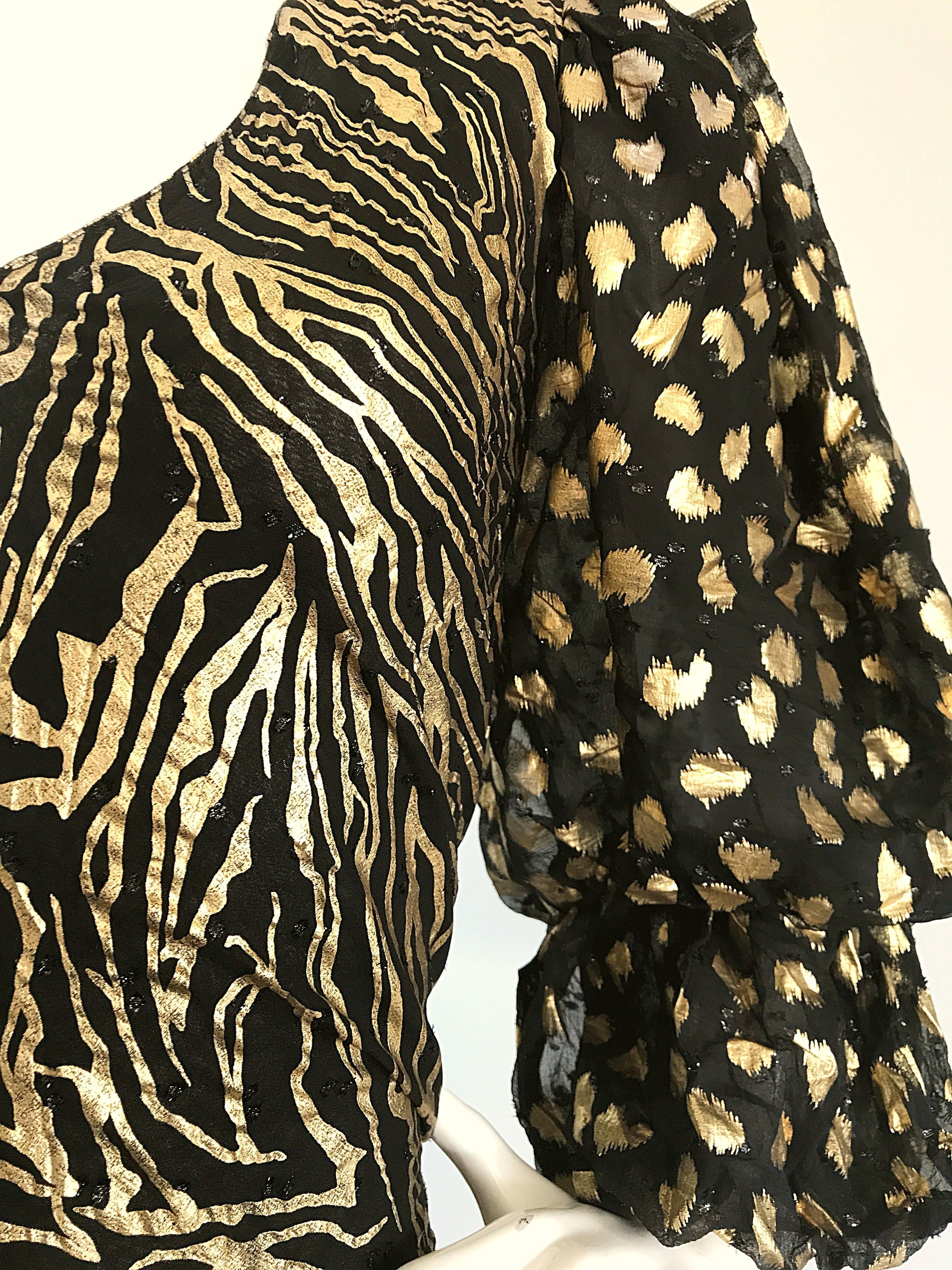 Plus Size Vintage Judy Hornby Couture Hand Painted Gold Black Animal Print Dress In Excellent Condition In San Diego, CA
