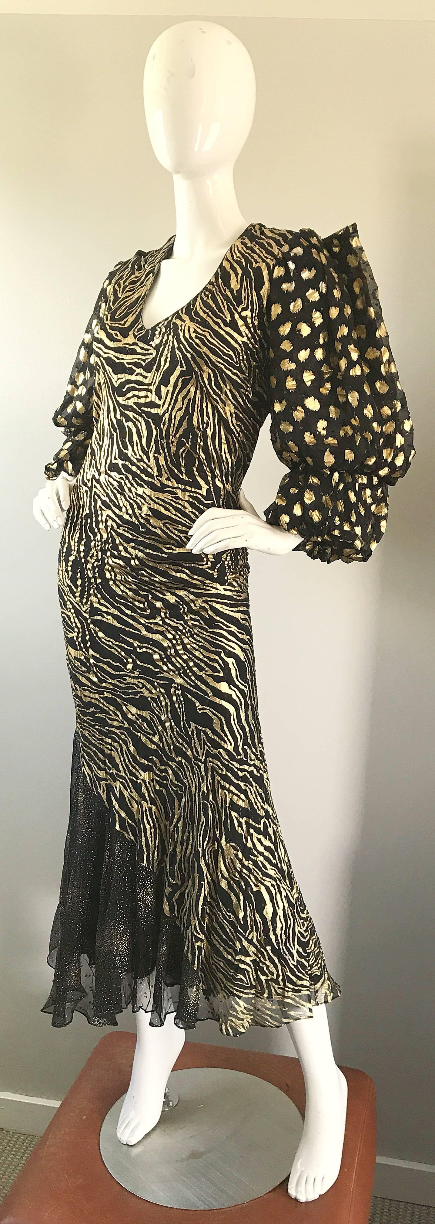 Women's Plus Size Vintage Judy Hornby Couture Hand Painted Gold Black Animal Print Dress