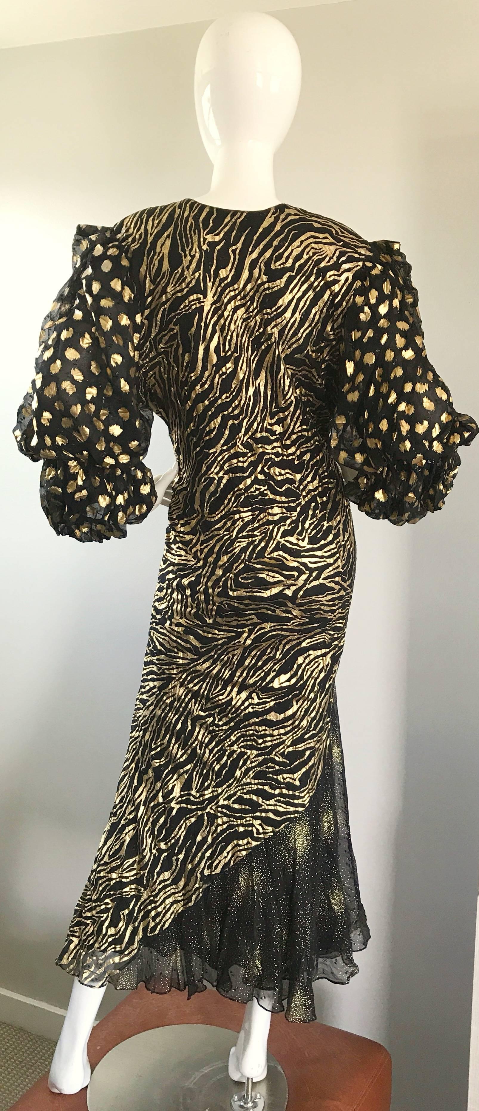 Plus Size Vintage Judy Hornby Couture Hand Painted Gold Black Animal Print Dress 2