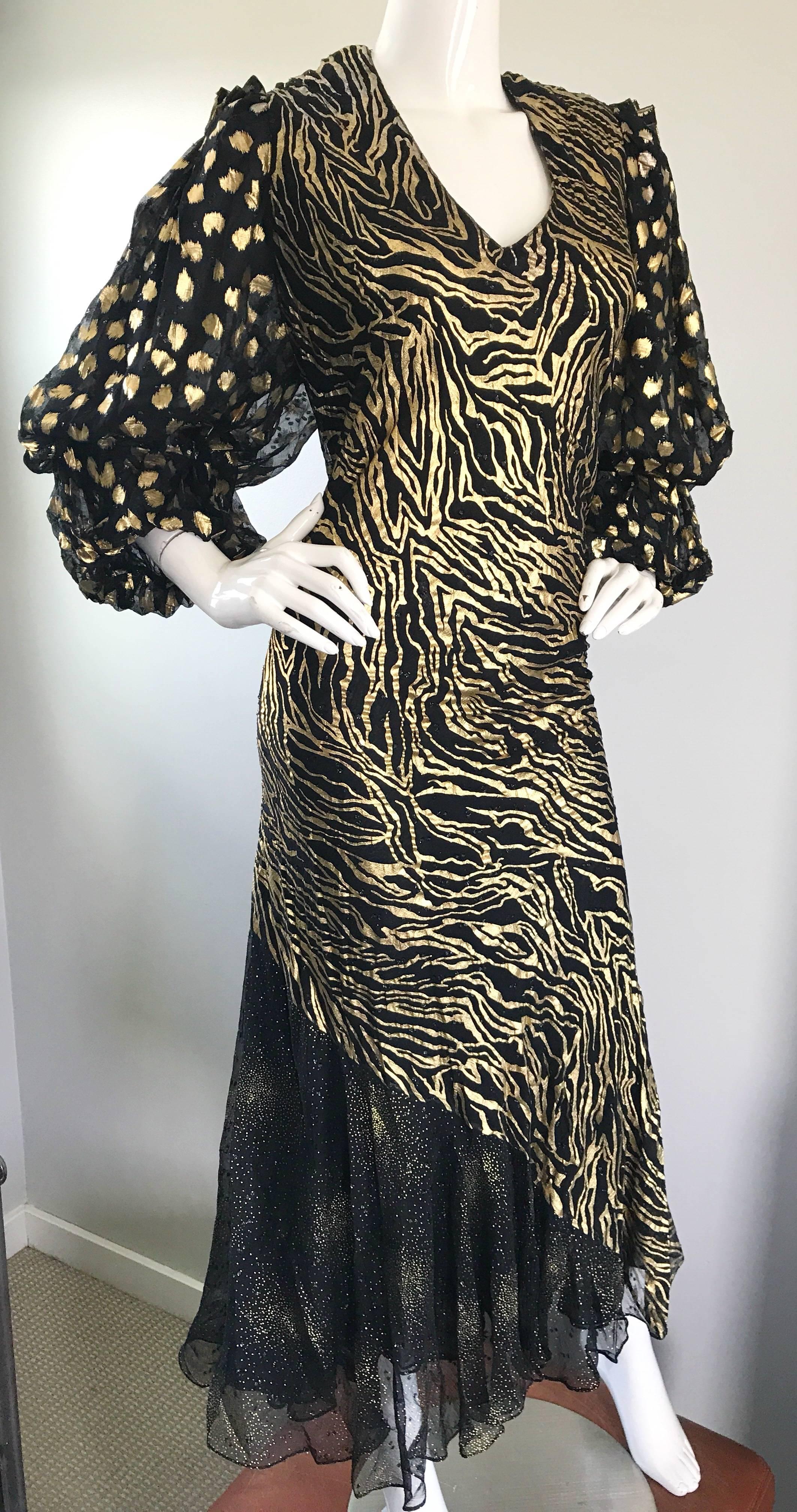 Plus Size Vintage Judy Hornby Couture Hand Painted Gold Black Animal Print Dress 3
