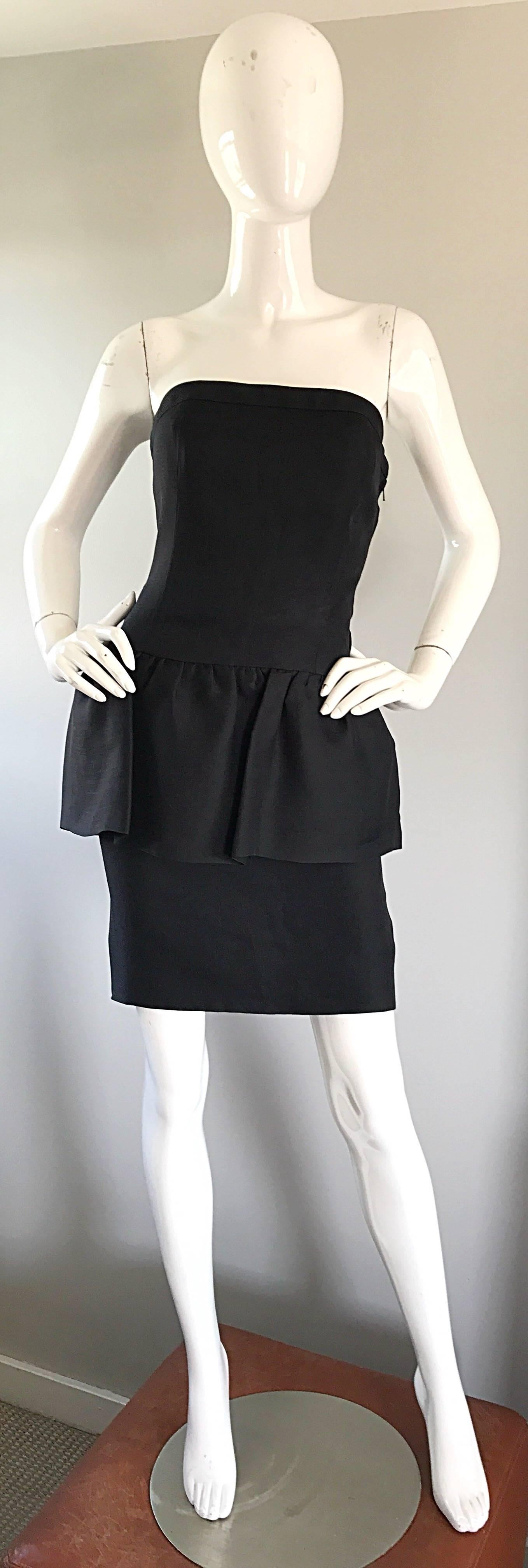 Chic, and utterly classic 1980s YVES SAINT LAURENT 'Rive Gauche' black silk and linen blend strapless peplum dress! Features luxurious silk and linen blend that holds a nice shape when worn. Hidden metal zipper up the side with hook-and-eye closure.
