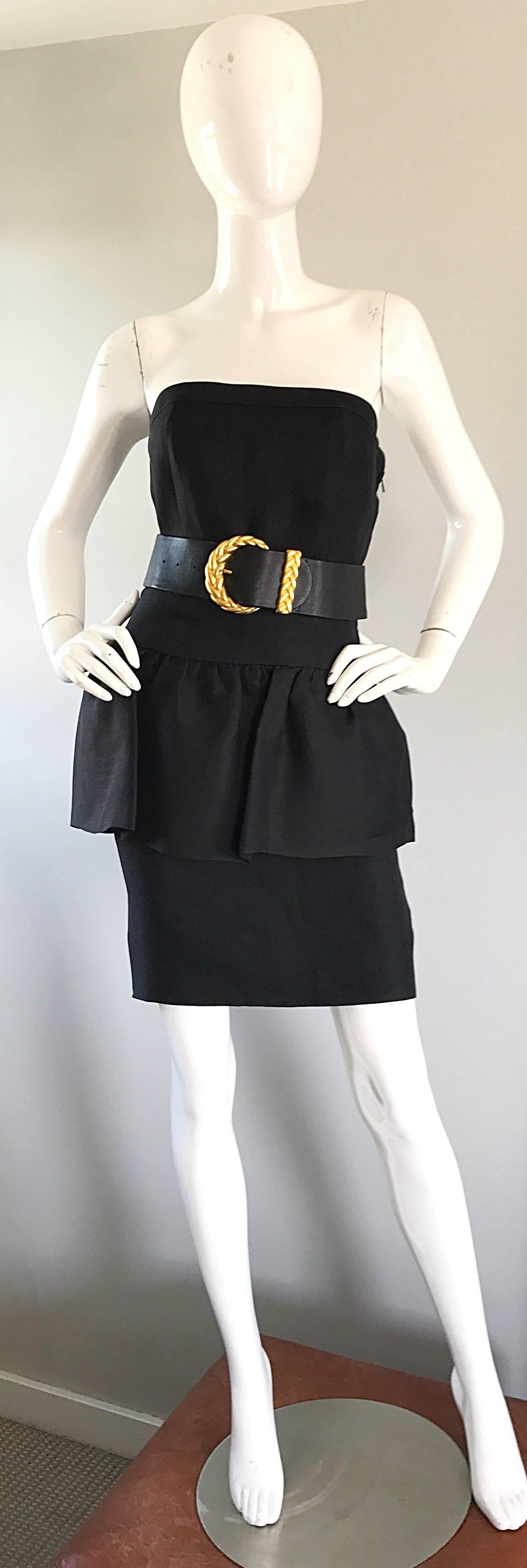 Yves Saint Laurent Rive Gauche 1980s Vintage Black Strapless Peplum Dress In Excellent Condition For Sale In San Diego, CA