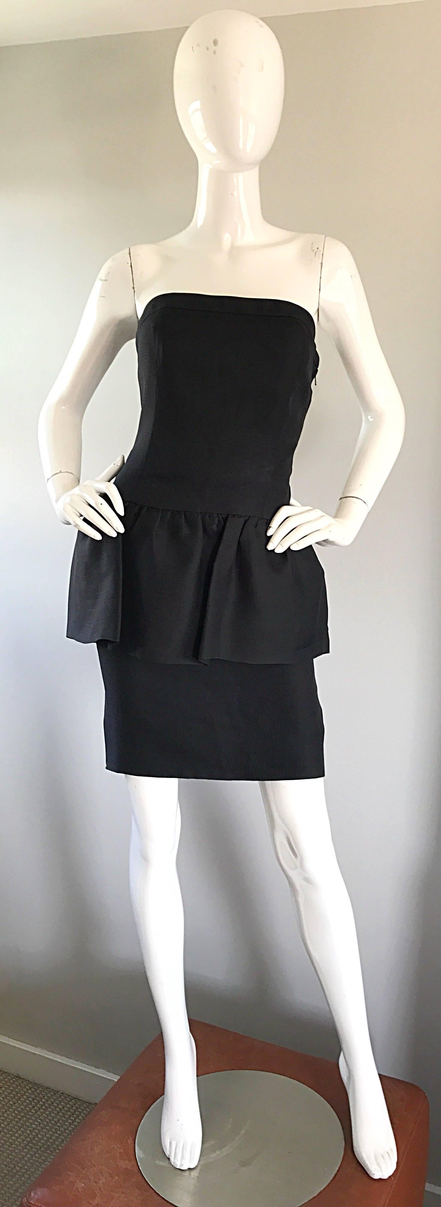 Yves Saint Laurent Rive Gauche 1980s Vintage Black Strapless Peplum Dress For Sale 1