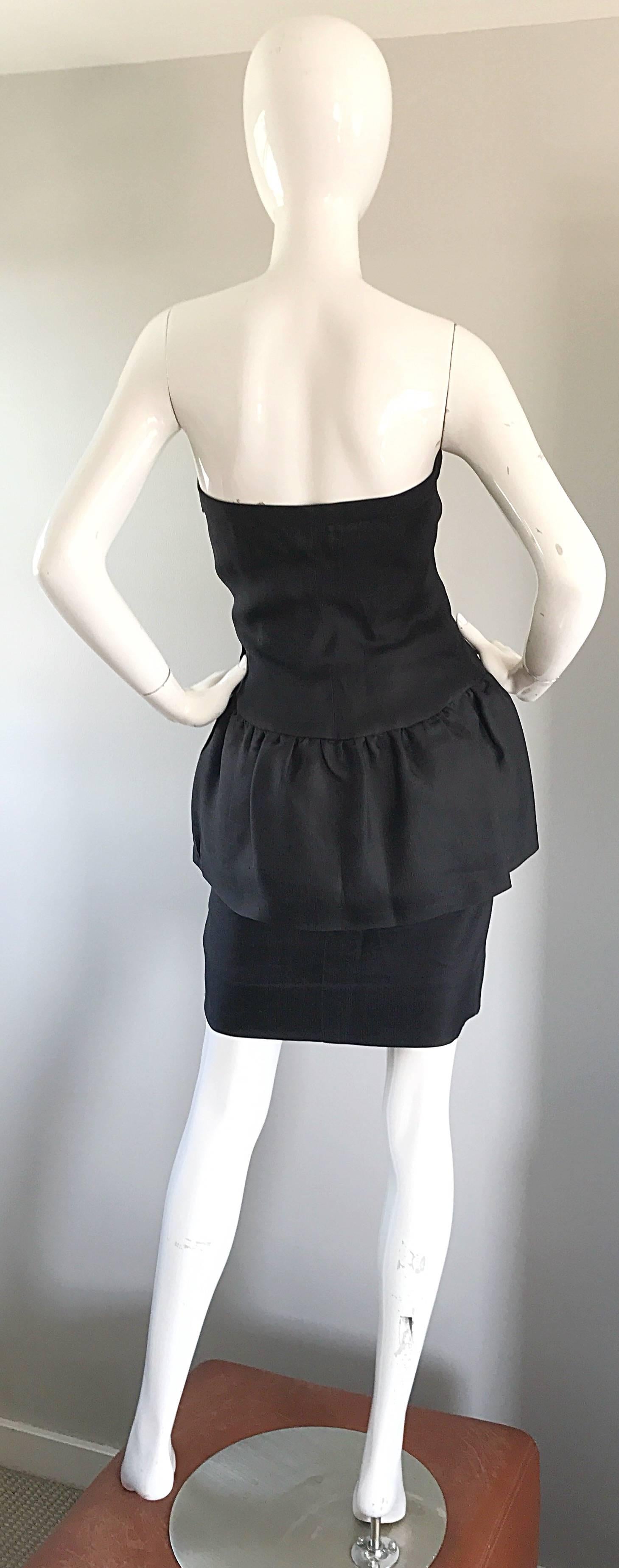 Yves Saint Laurent Rive Gauche 1980s Vintage Black Strapless Peplum Dress For Sale 2