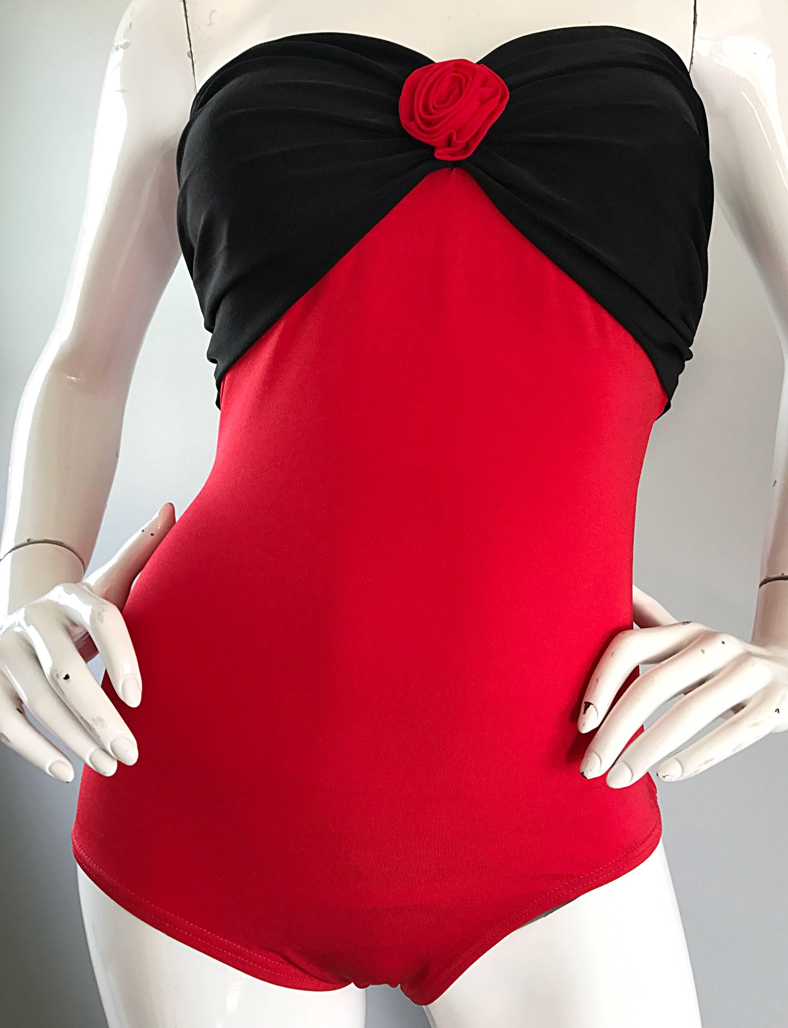 Women's Vintage Yves Saint Laurent 1980s Heart Shape Red + Black 80s One Piece Swimsuit 