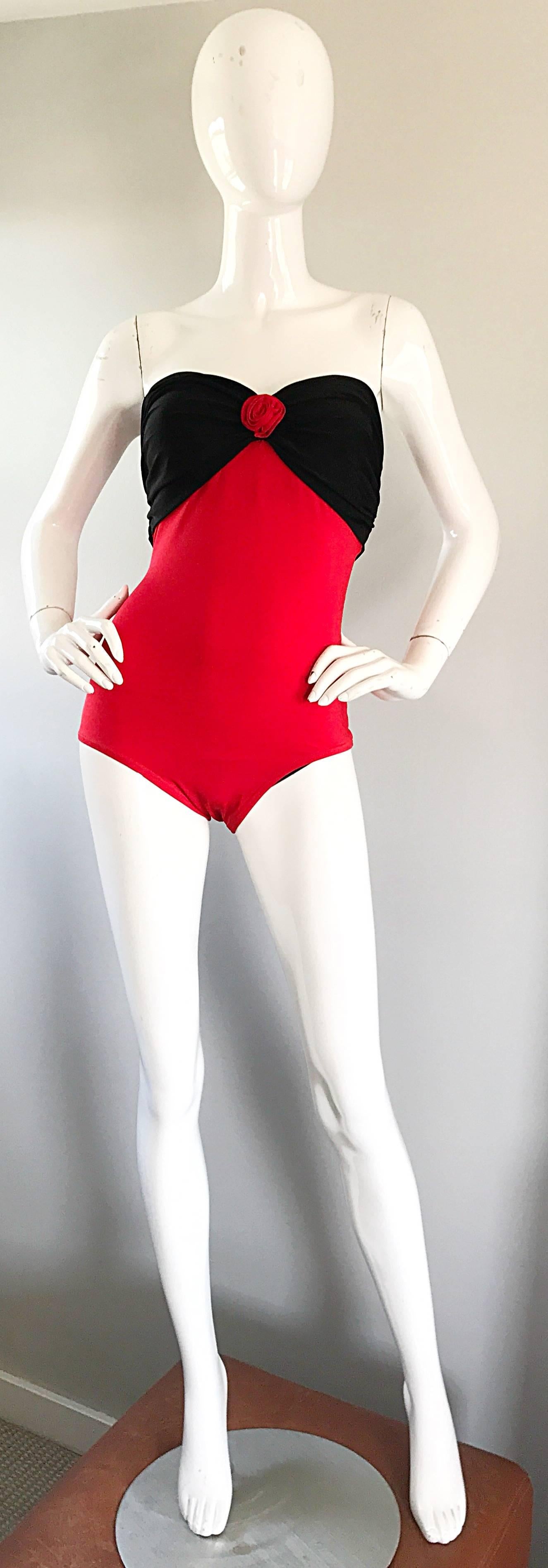 Vintage Yves Saint Laurent 1980s Heart Shape Red + Black 80s One Piece Swimsuit  2