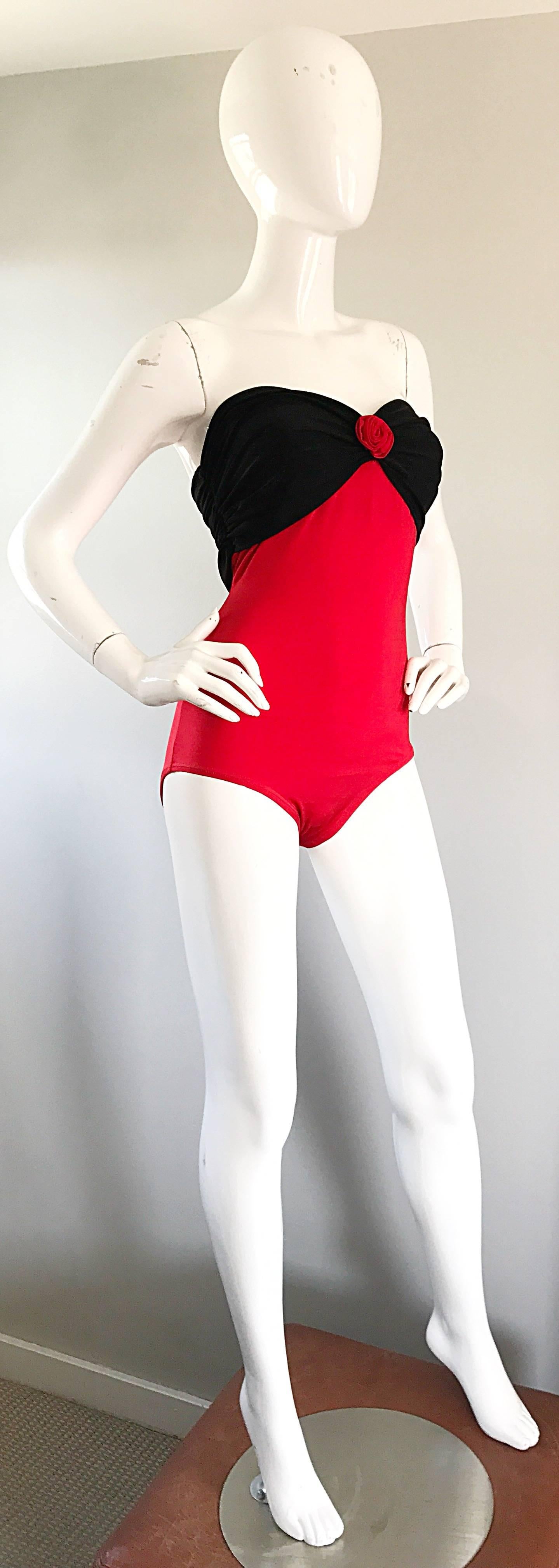 Vintage Yves Saint Laurent 1980s Heart Shape Red + Black 80s One Piece Swimsuit  3