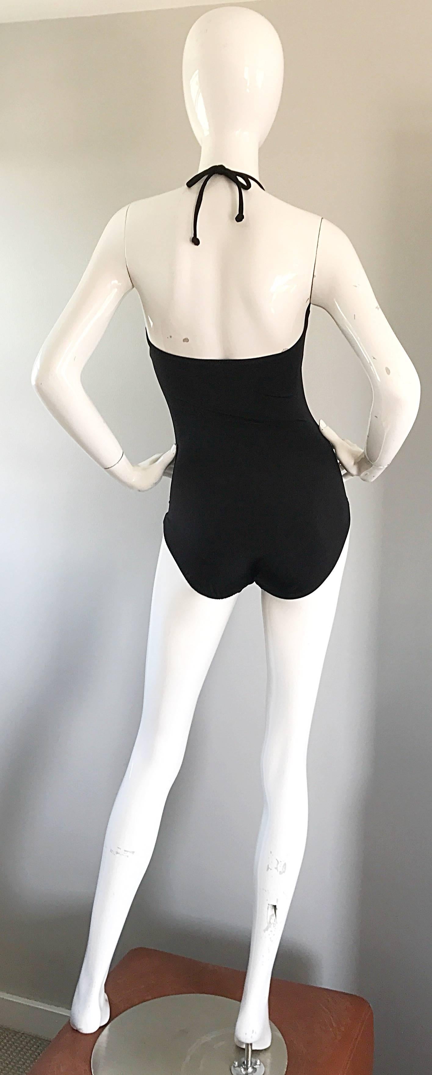 1970s Bill Blass Sexy Ruffle Plunging Black One Piece Halter Bodysuit Swimsuit 1