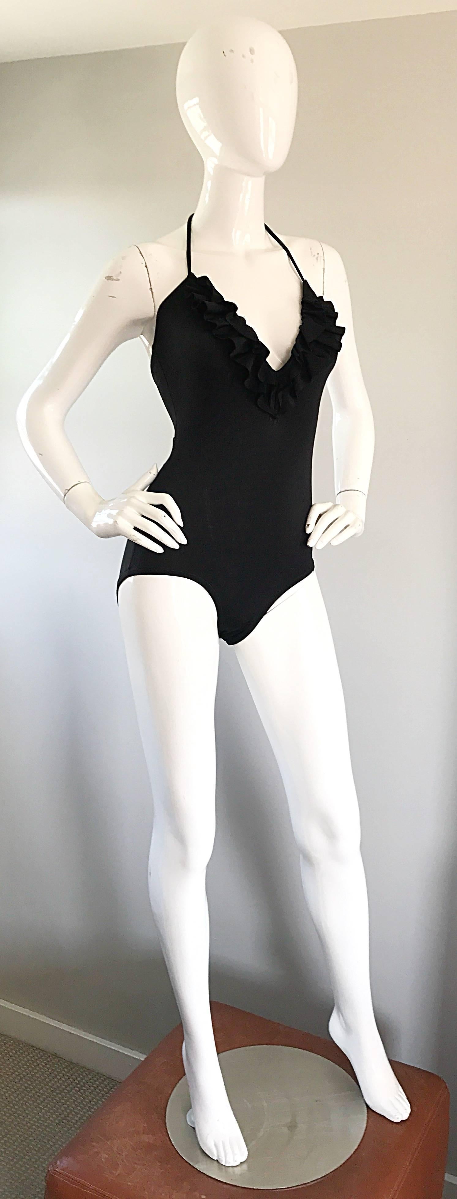 1970s Bill Blass Sexy Ruffle Plunging Black One Piece Halter Bodysuit Swimsuit 2