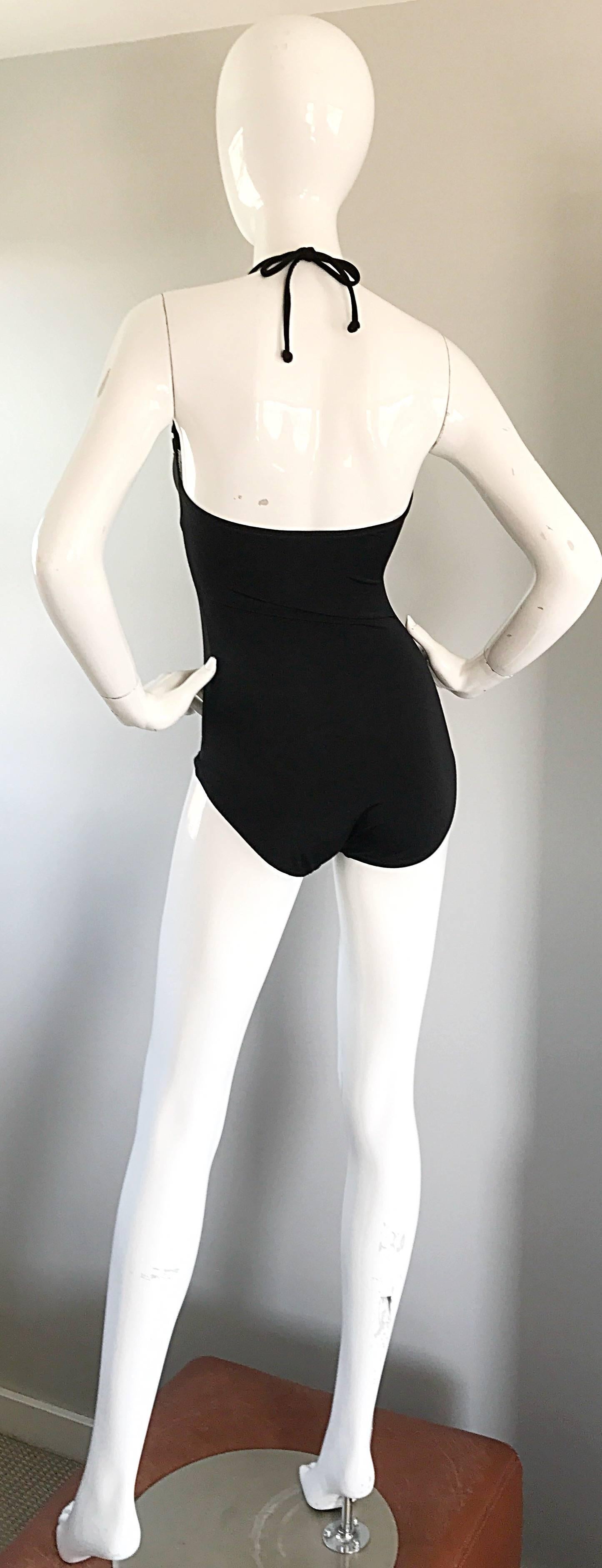 1970s Bill Blass Sexy Ruffle Plunging Black One Piece Halter Bodysuit Swimsuit 3