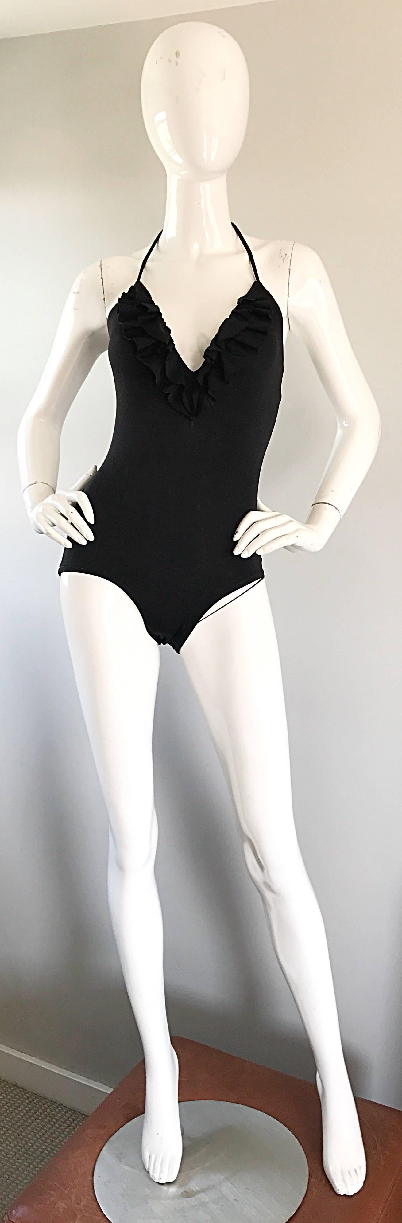 1970s Bill Blass Sexy Ruffle Plunging Black One Piece Halter Bodysuit Swimsuit 5