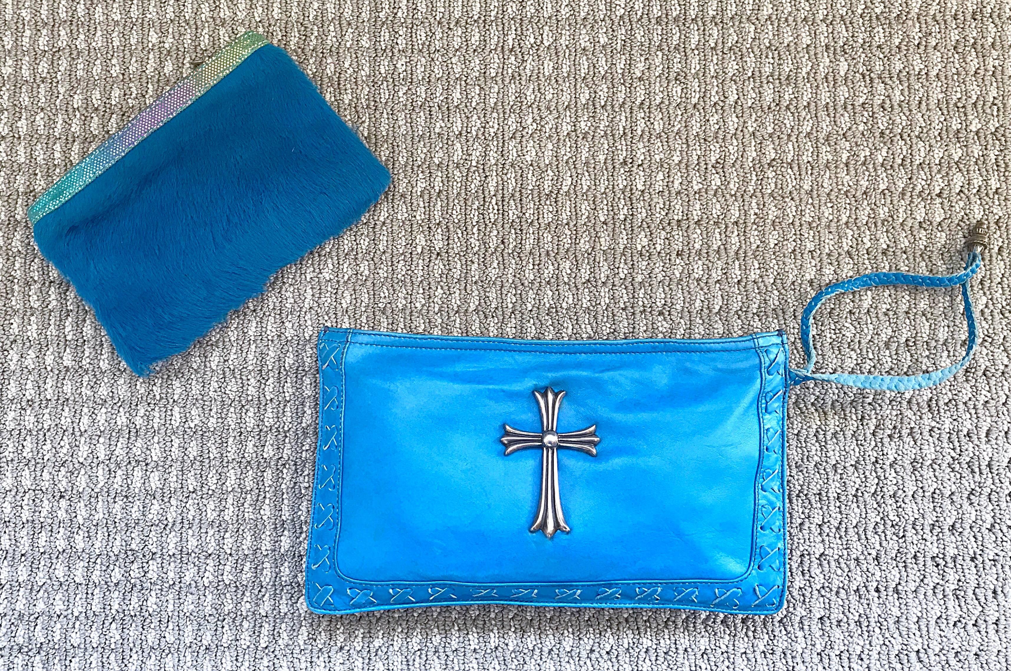 1990s Chrome Hearts Rare Turquoise 90s Leather Wristlet + Pouchette Clutch Bag In Excellent Condition In San Diego, CA