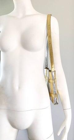 1960er Jahre Walborg Italienisches Leder Silber und Gold Geometrische Vintage Umhängetasche