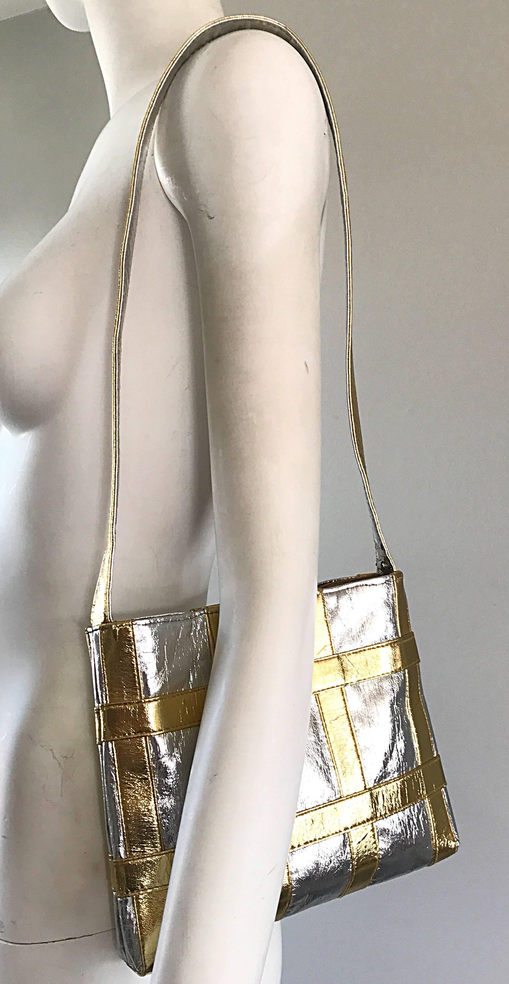 1960s Walborg Italian Leather Silver and Gold Geometric Vintage Shoulder Bag   In Excellent Condition In San Diego, CA