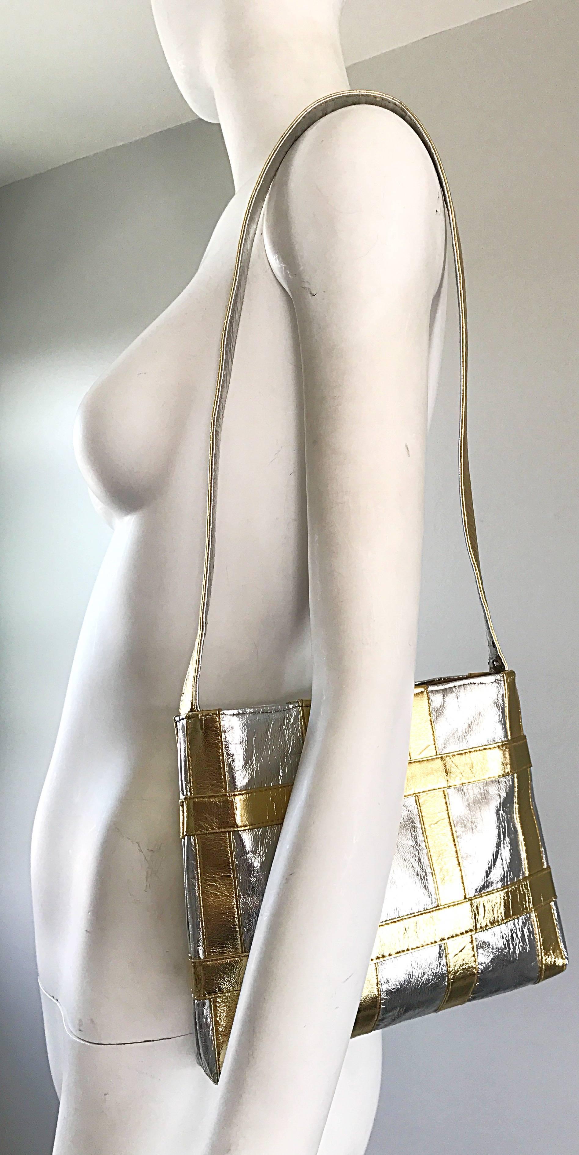 Women's 1960s Walborg Italian Leather Silver and Gold Geometric Vintage Shoulder Bag  