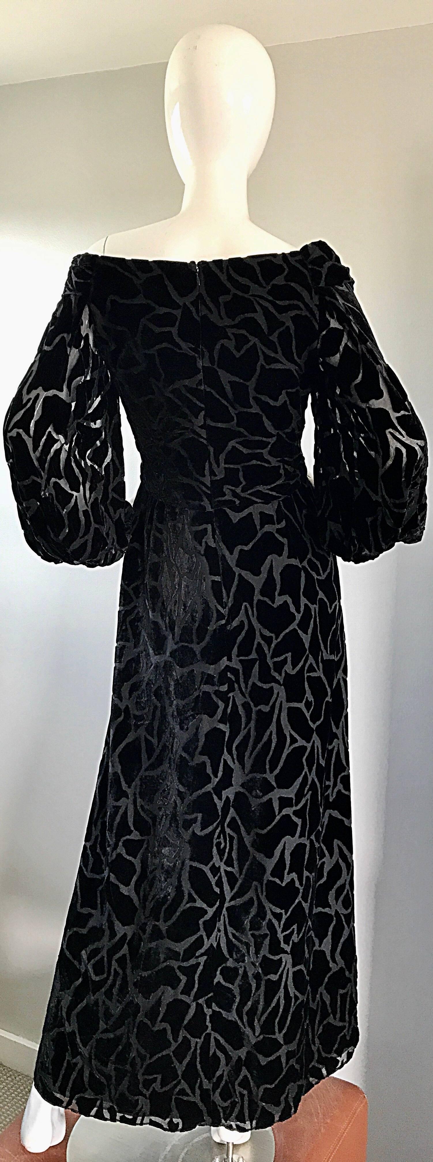 Vintage Liancarlo Couture Size 10 Black Off Shoulder Silk Velvet Burn Out Gown  For Sale 1