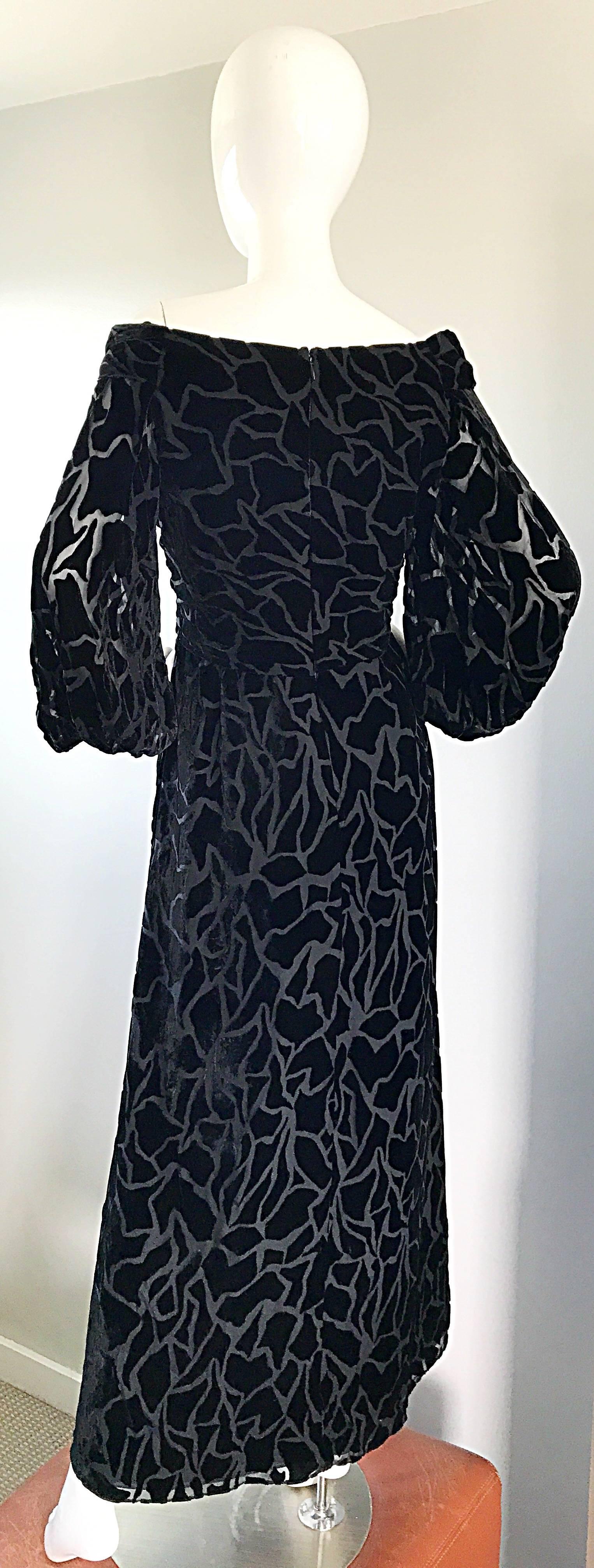 Vintage Liancarlo Couture Size 10 Black Off Shoulder Silk Velvet Burn Out Gown  For Sale 2