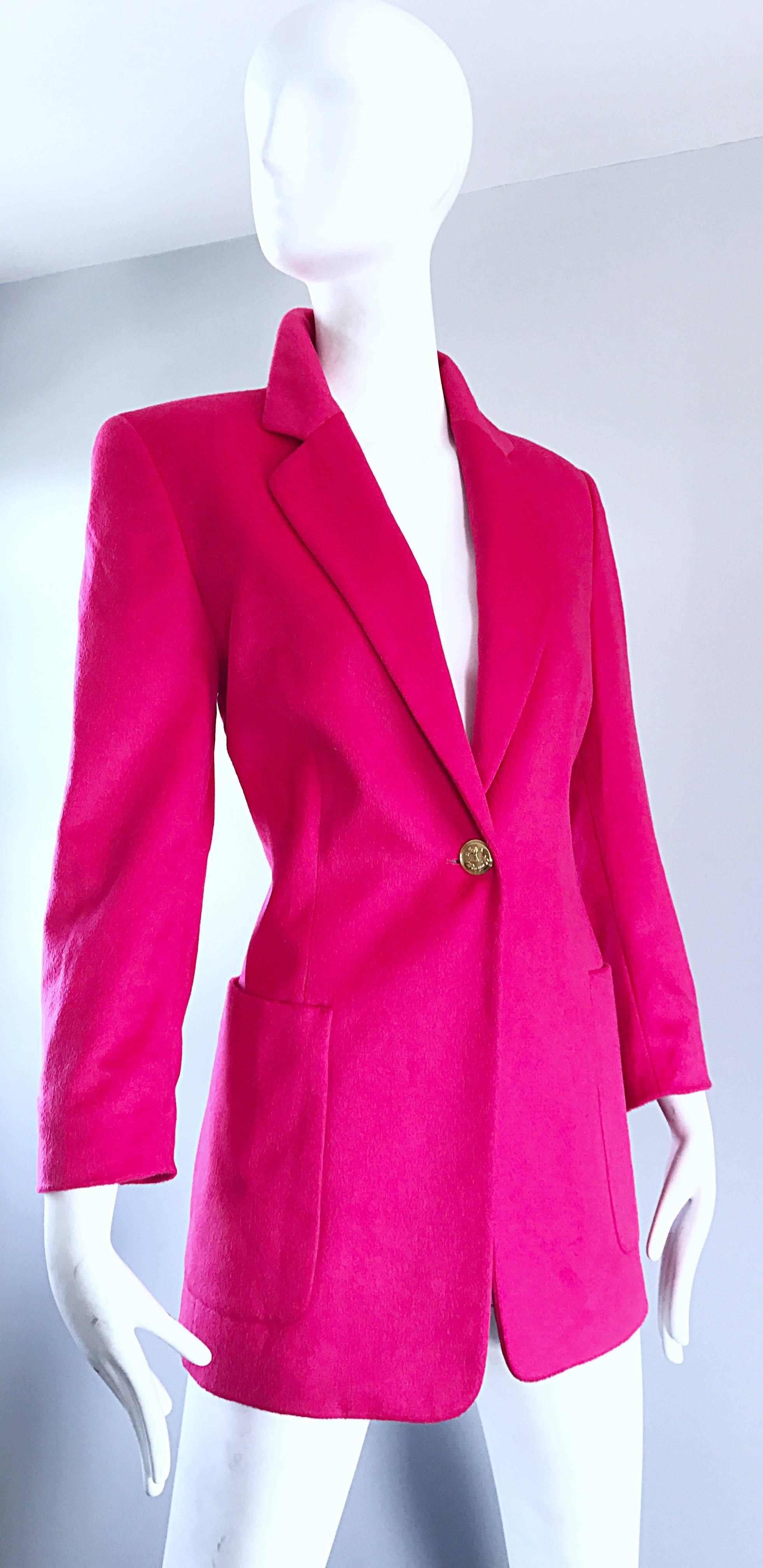 Vintage Escada by Margaretha Ley Hot Shocking Hot Pink Angora Wool Blazer Jacket In Excellent Condition In San Diego, CA