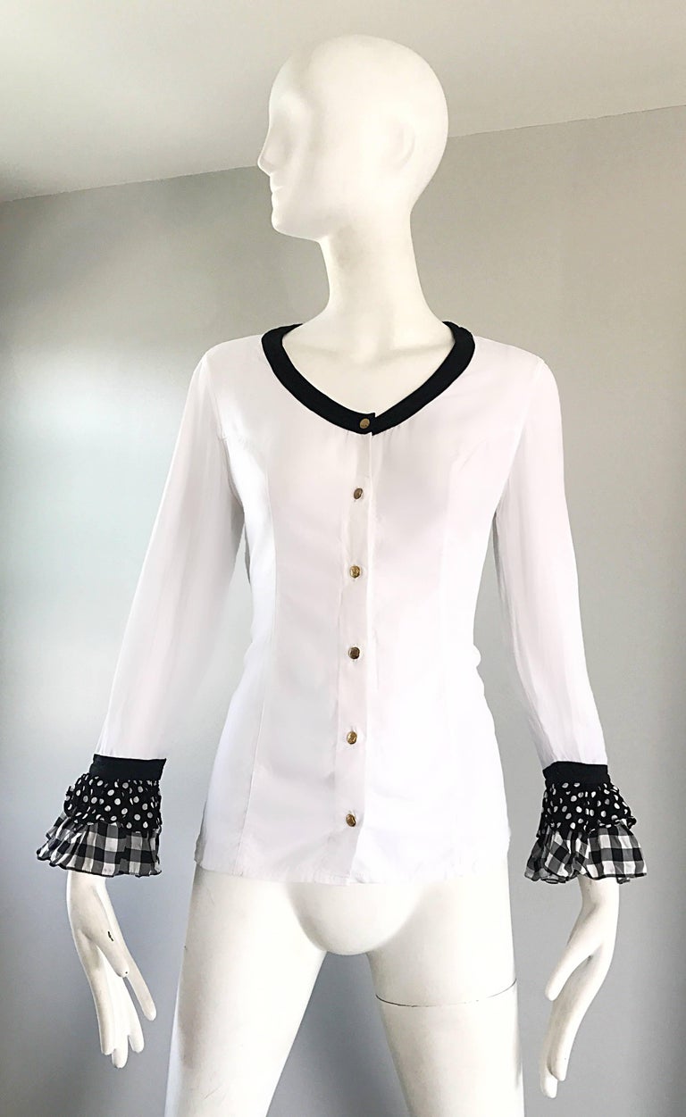 Vintage Gianni Versace 1990s Black and White Polka Dot Plaid 90s Blouse