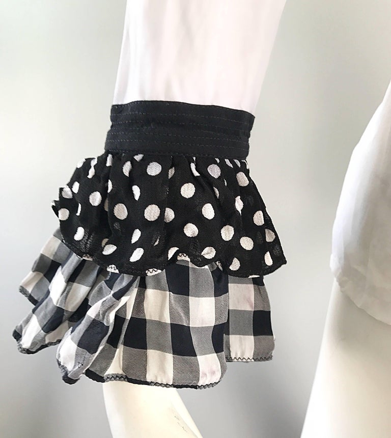 Vintage Gianni Versace 1990s Black and White Polka Dot Plaid 90s Blouse