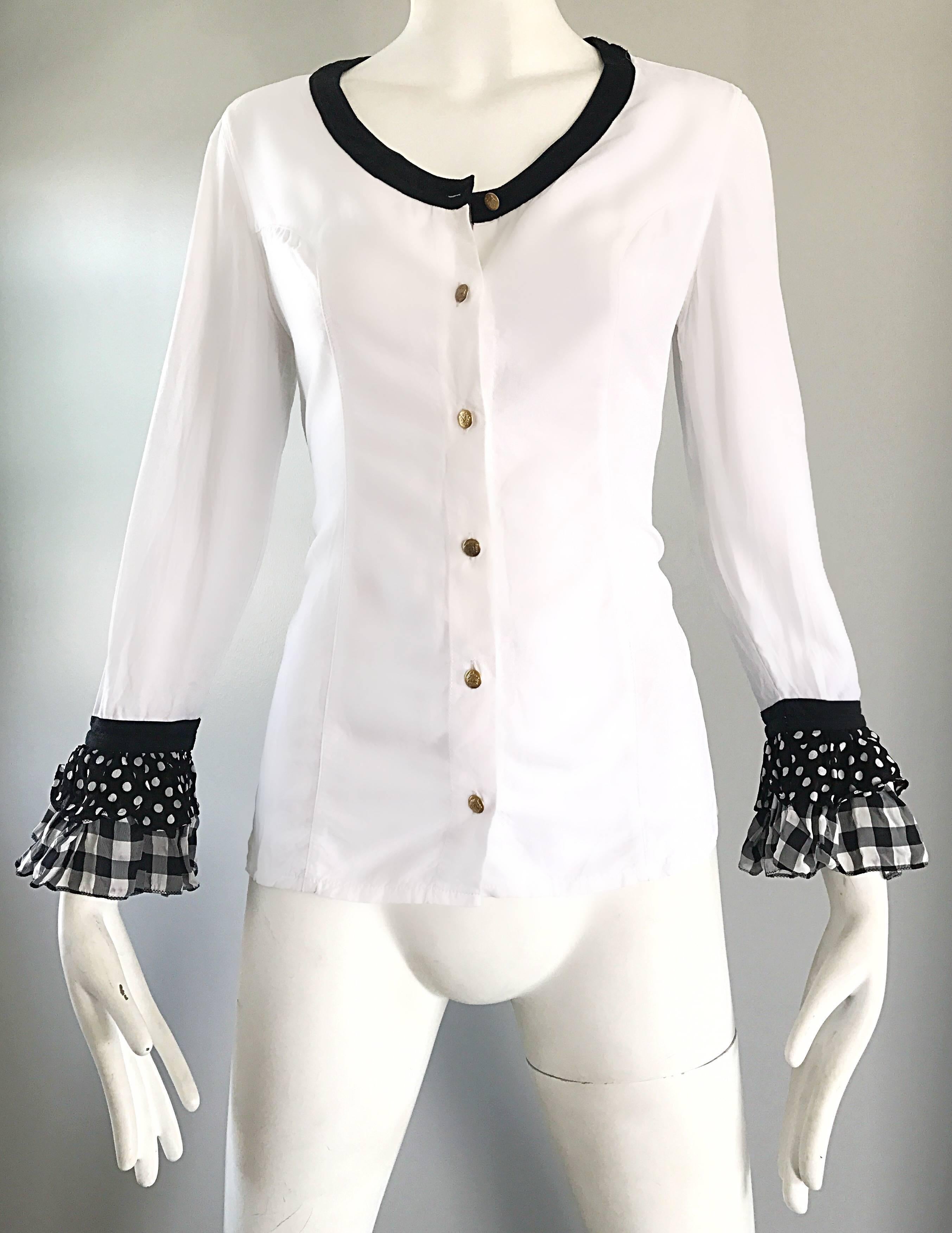 Vintage Gianni Versace 1990s Black and White Polka Dot Plaid 90s Blouse Top Rare In Excellent Condition For Sale In San Diego, CA