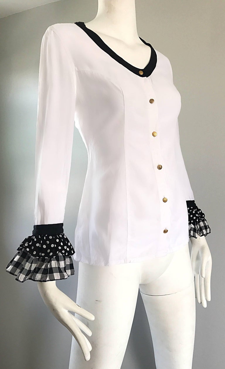 Vintage Gianni Versace 1990s Black and White Polka Dot Plaid 90s Blouse