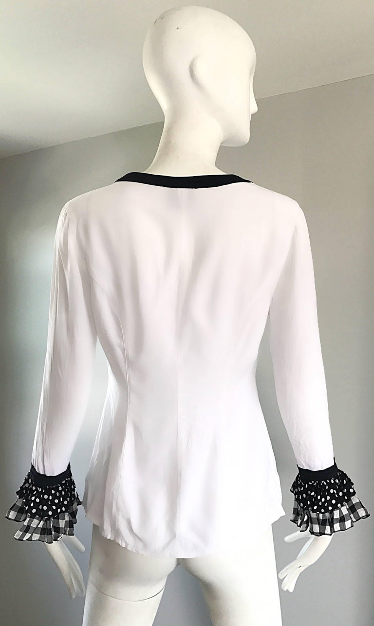 Vintage Gianni Versace 1990s Black and White Polka Dot Plaid 90s Blouse