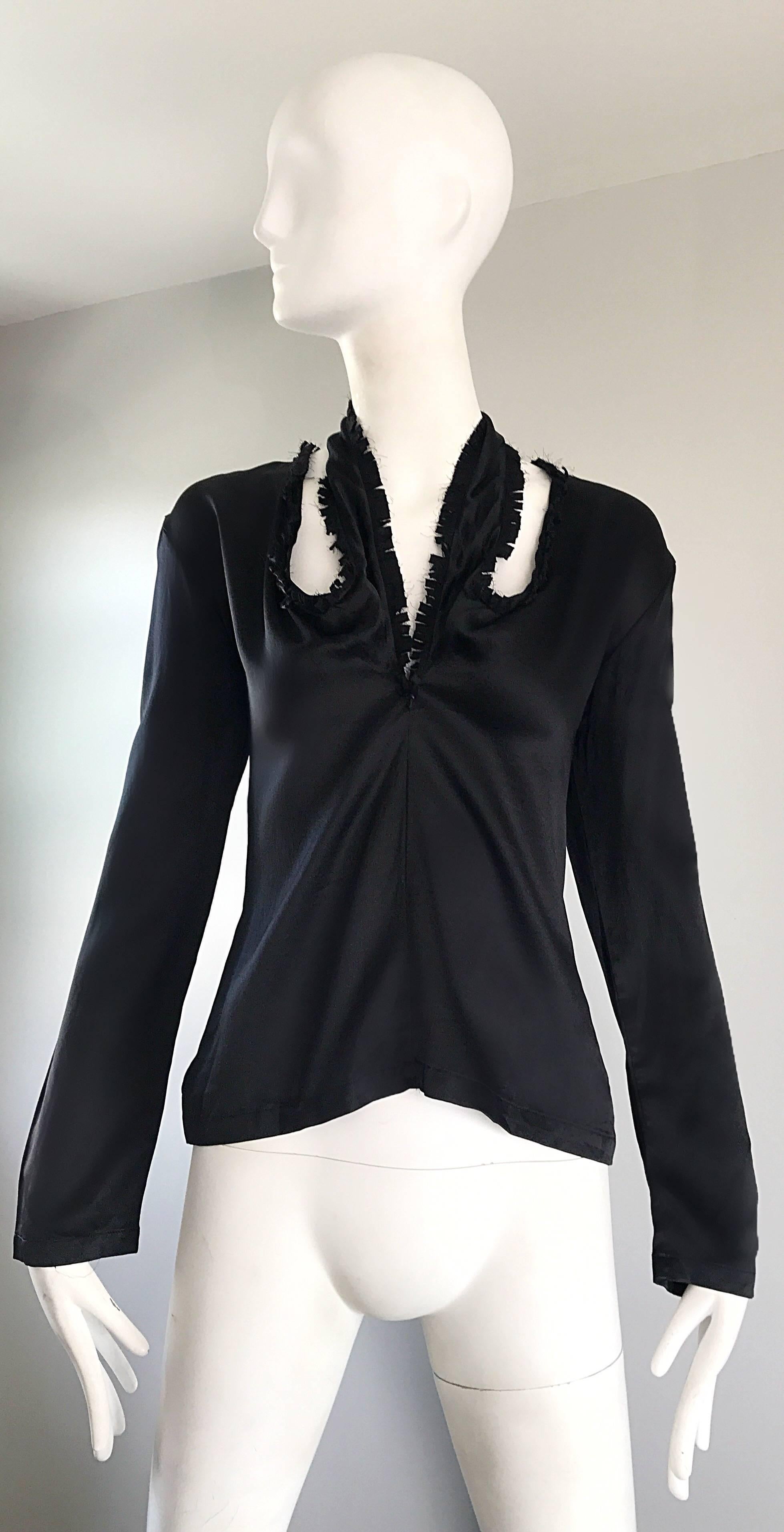 Yves Saint Laurent by Tom Ford Black Silk Cut - Out Long Sleeve Blouse Top In Excellent Condition In San Diego, CA