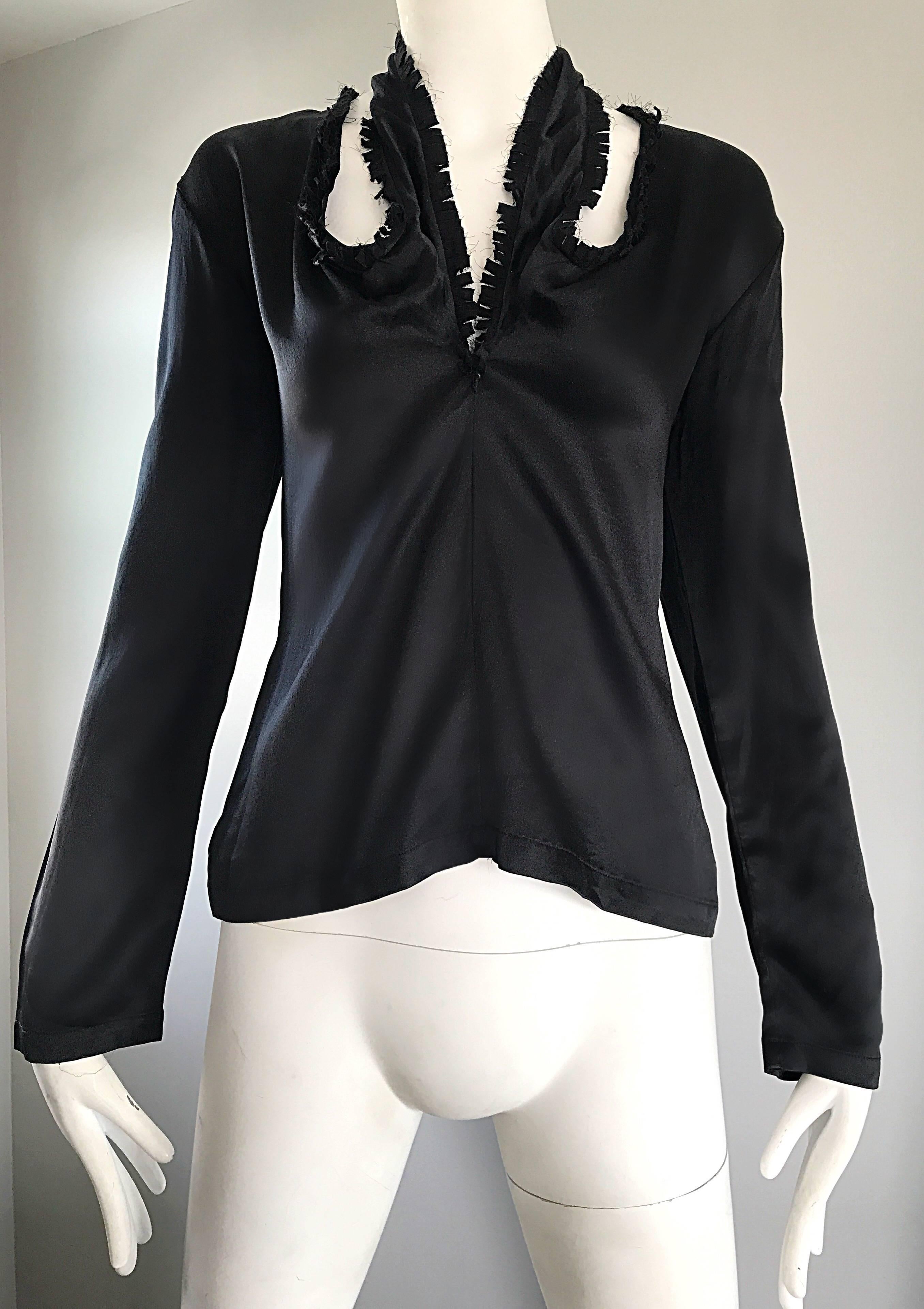 Women's Yves Saint Laurent by Tom Ford Black Silk Cut - Out Long Sleeve Blouse Top