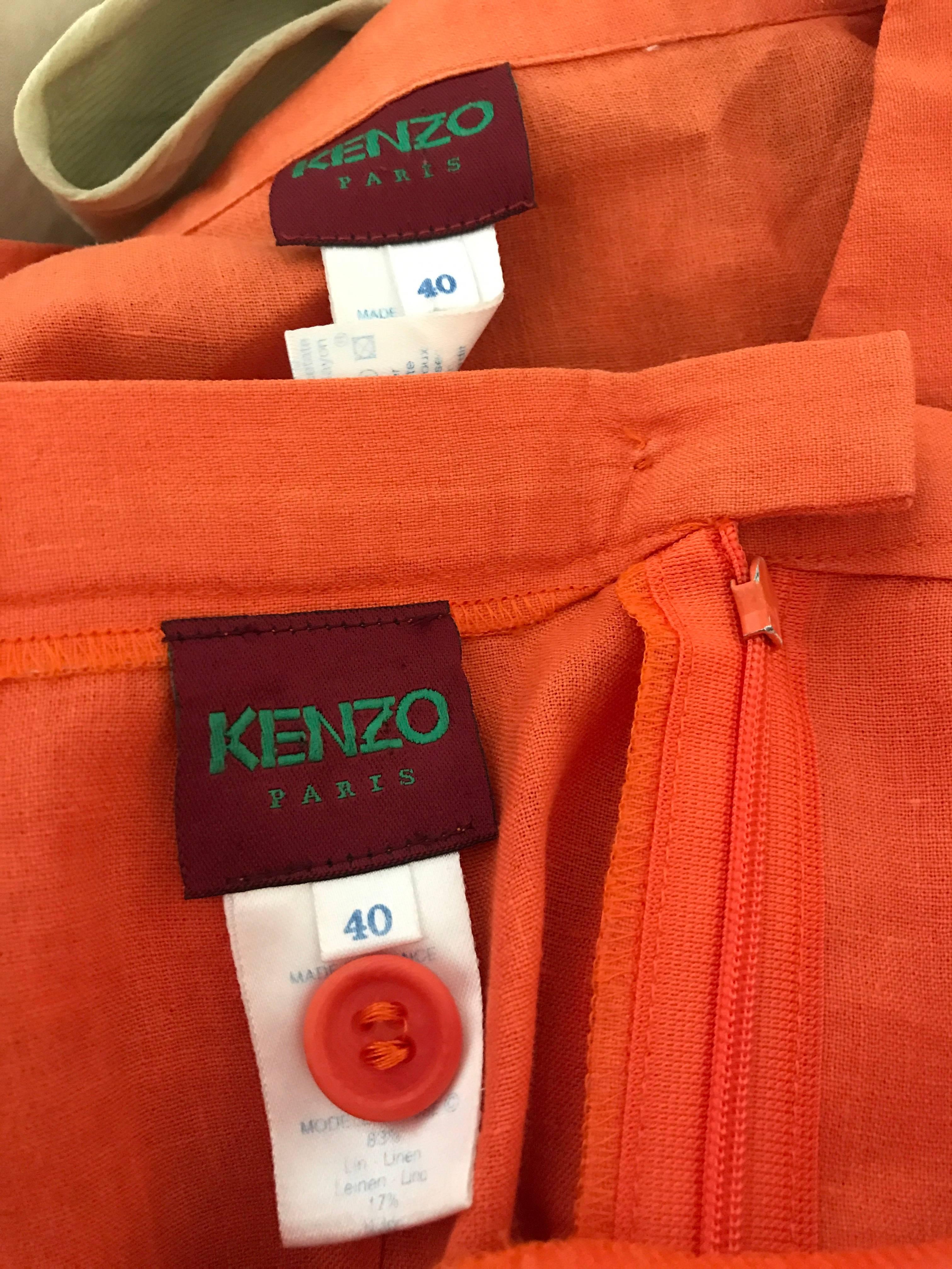 1990s Kenzo Bright Orange Linen Vintage Short Sleeve Two Piece Jacket Skirt Suit For Sale 3