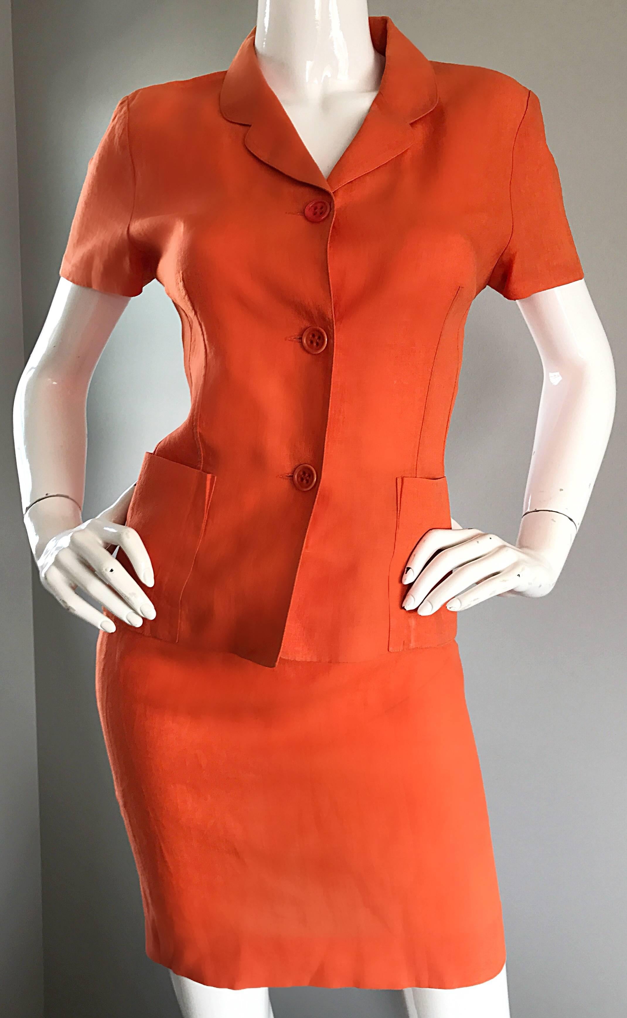 1990s Kenzo Bright Orange Linen Vintage Short Sleeve Two Piece Jacket Skirt Suit For Sale 6