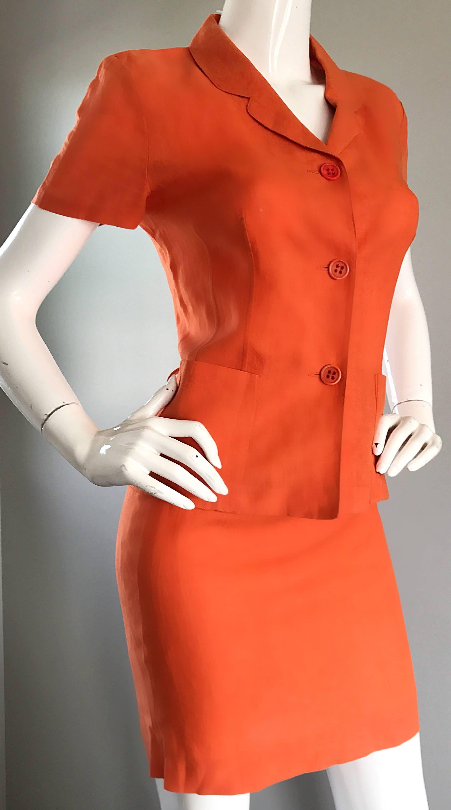 1990s Kenzo Bright Orange Linen Vintage Short Sleeve Two Piece Jacket Skirt Suit For Sale 7