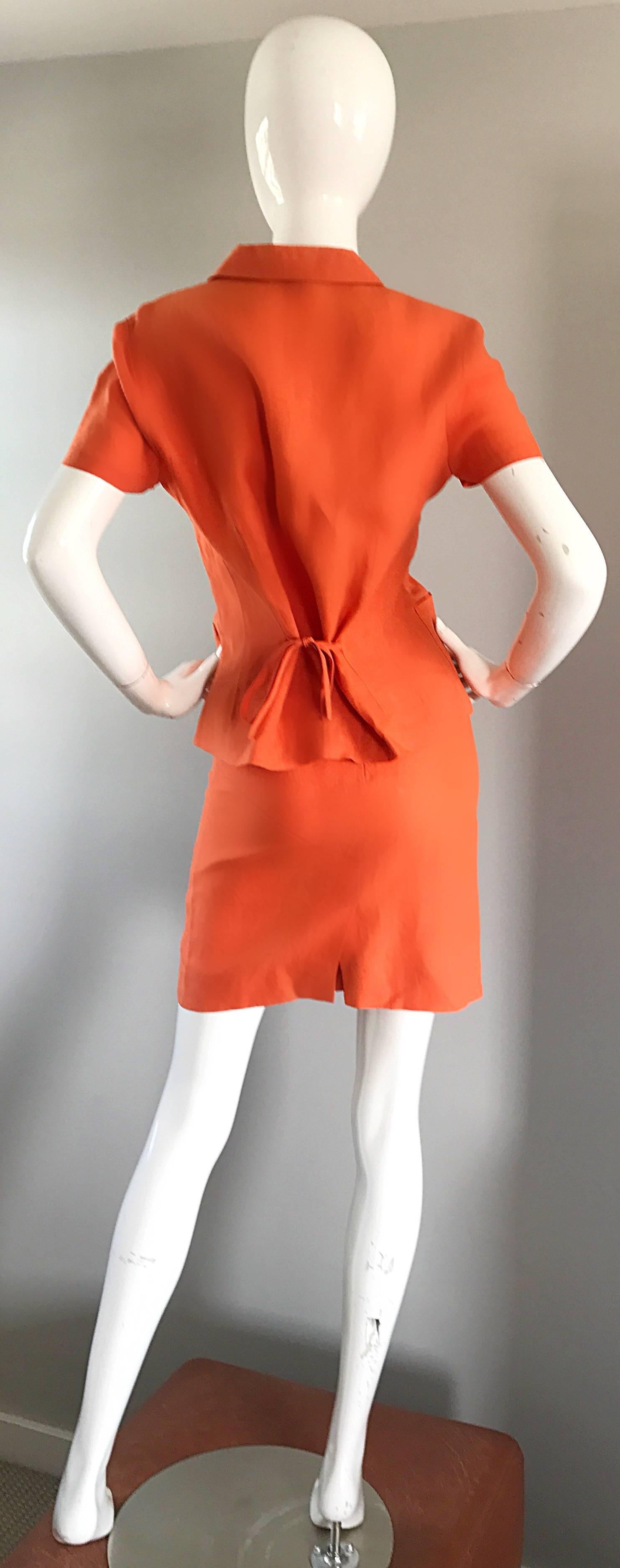 1990s Kenzo Bright Orange Linen Vintage Short Sleeve Two Piece Jacket Skirt Suit For Sale 9