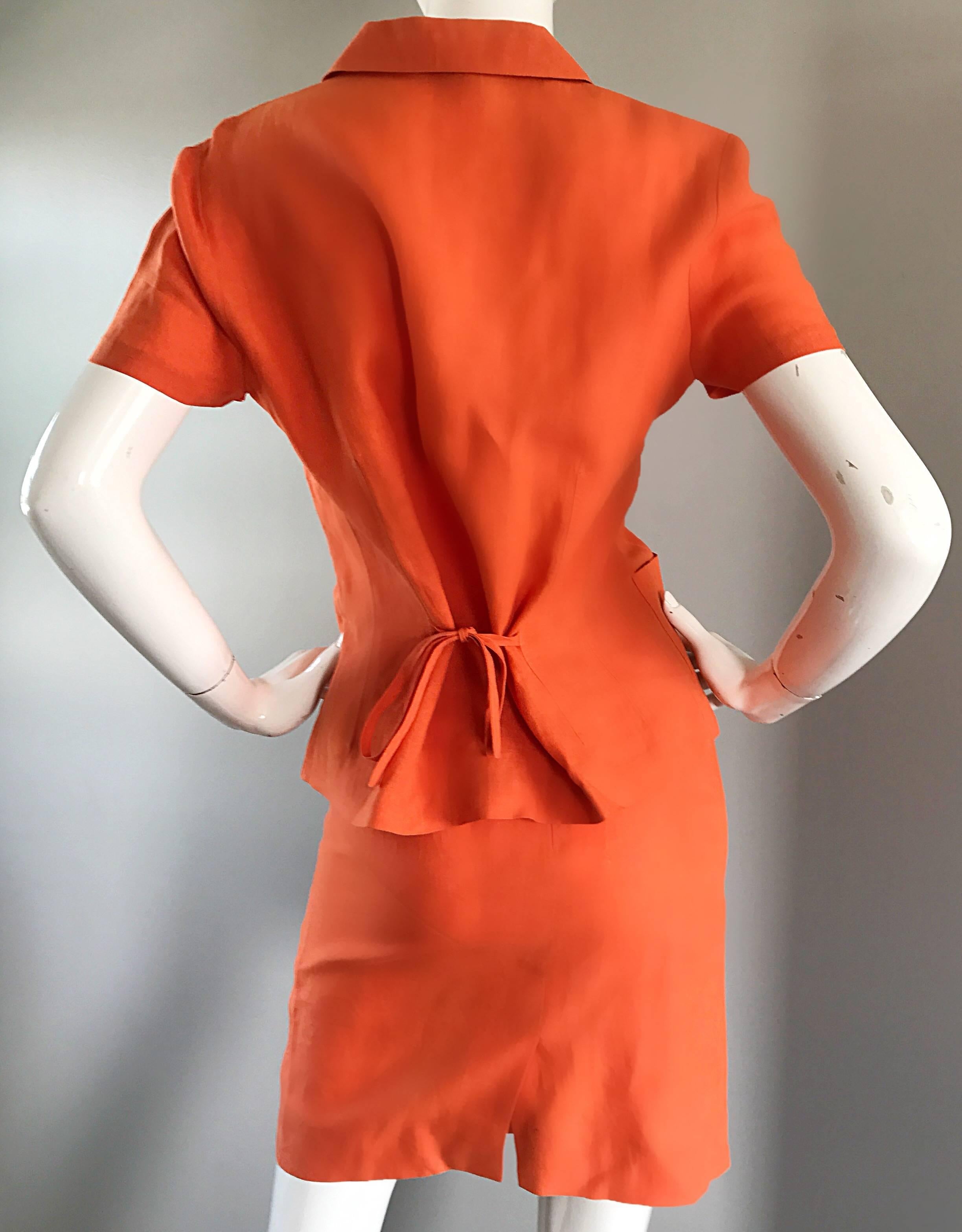 1990s Kenzo Bright Orange Linen Vintage Short Sleeve Two Piece Jacket Skirt Suit For Sale 10