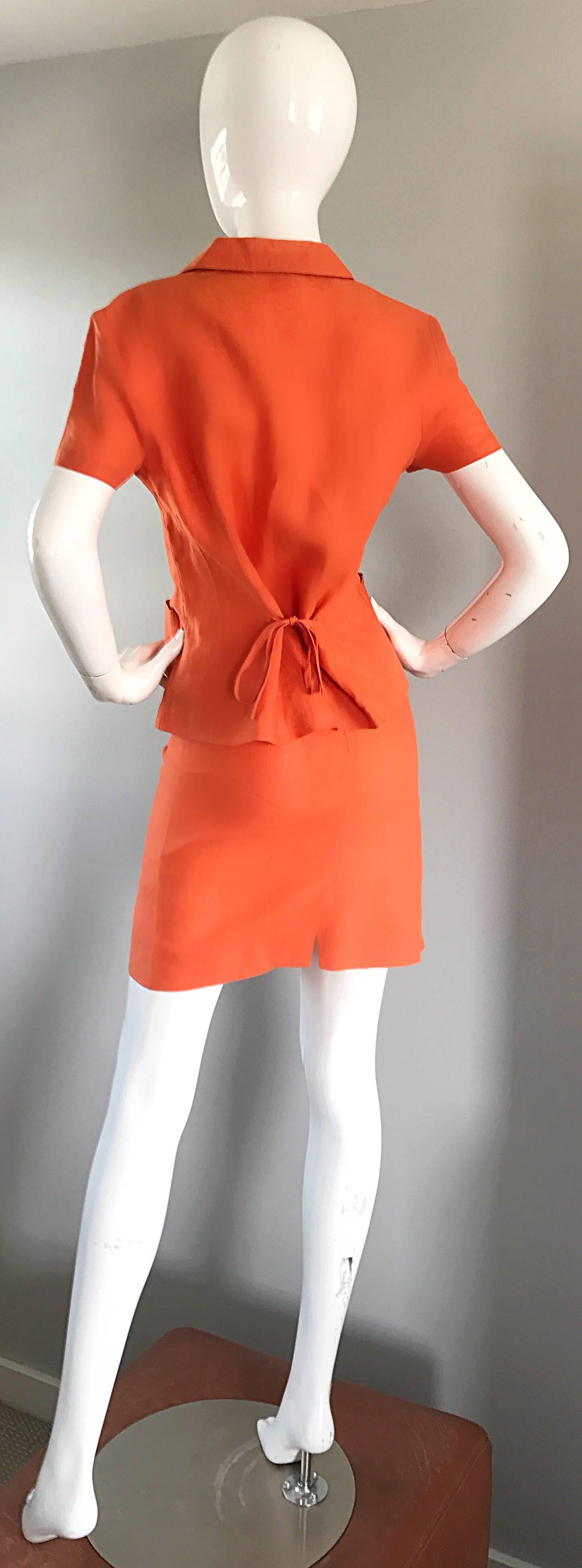 1990s Kenzo Bright Orange Linen Vintage Short Sleeve Two Piece Jacket Skirt Suit For Sale 11