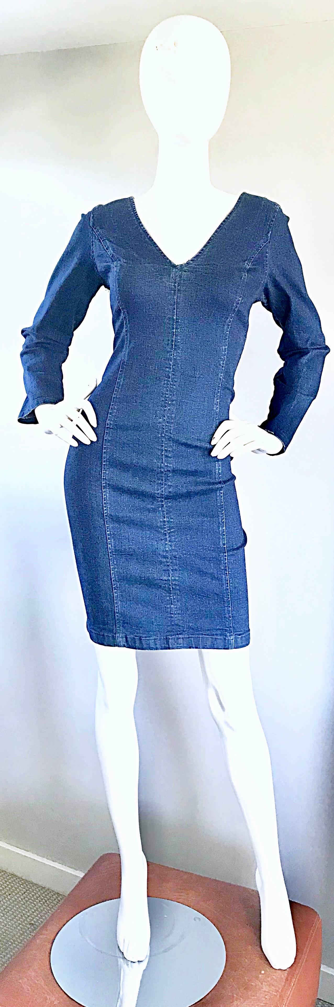 1990s Blue Jean Denim Long Sleeve Bodycon Form Fitting 90s Vintage Dress 4