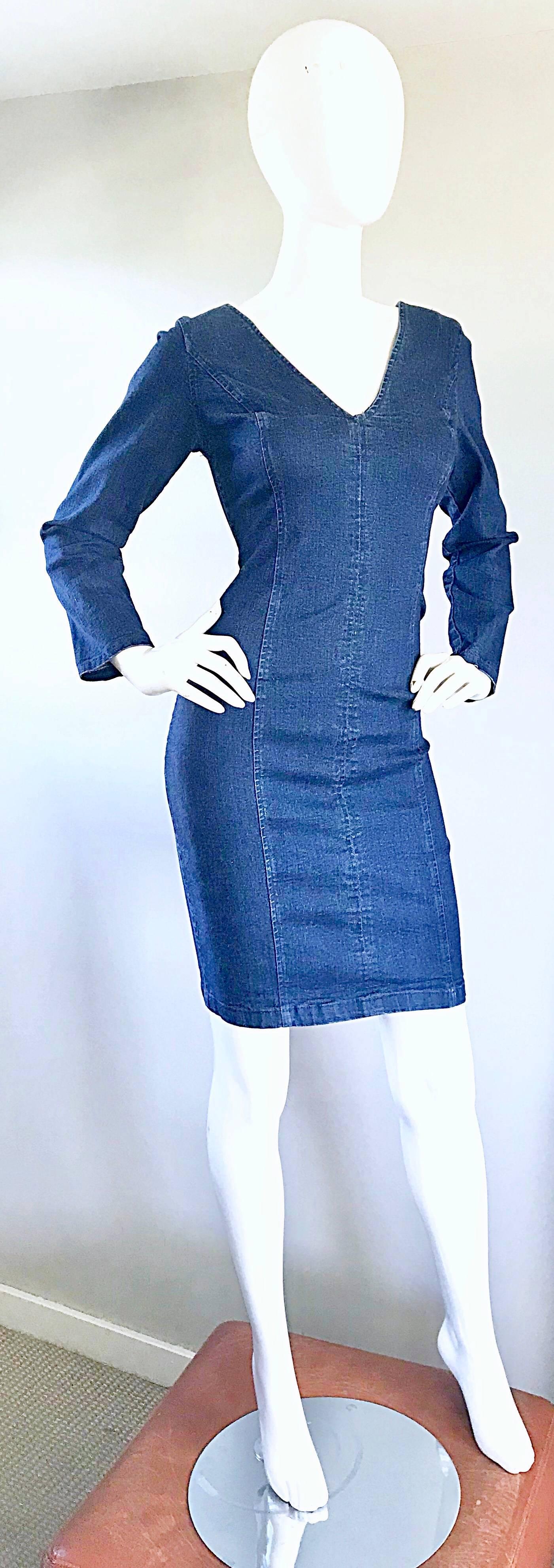 1990s Blue Jean Denim Long Sleeve Bodycon Form Fitting 90s Vintage Dress 2