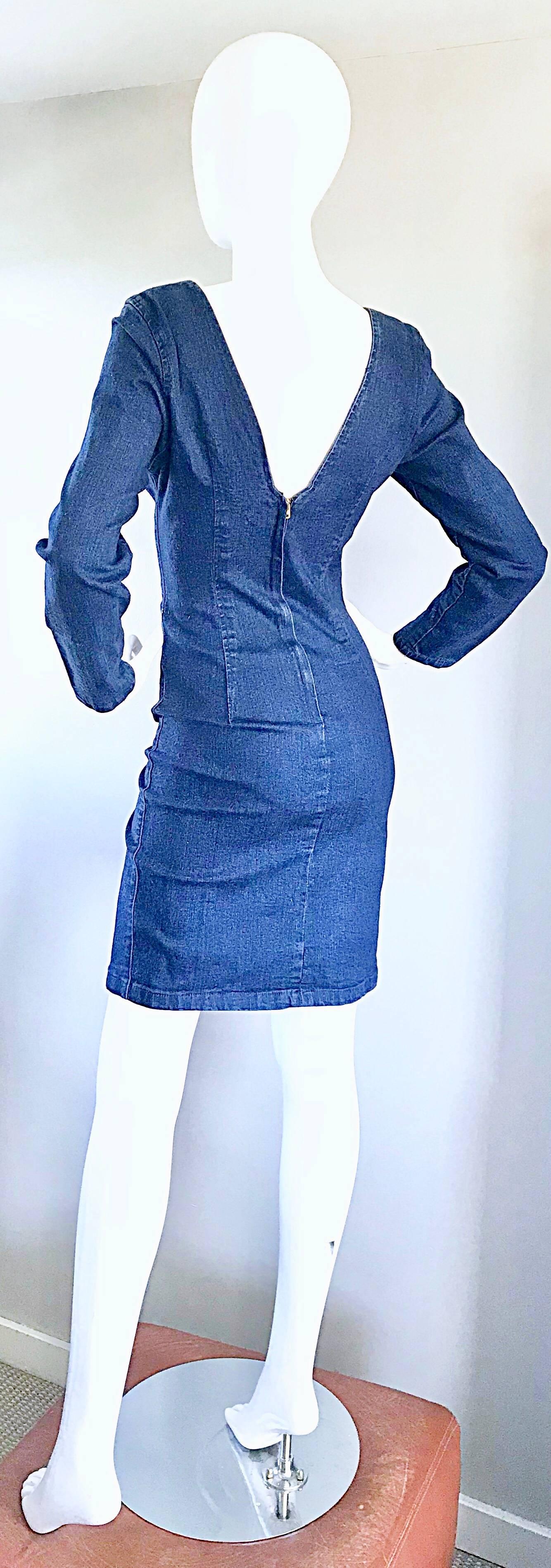 1990s Blue Jean Denim Long Sleeve Bodycon Form Fitting 90s Vintage Dress 6