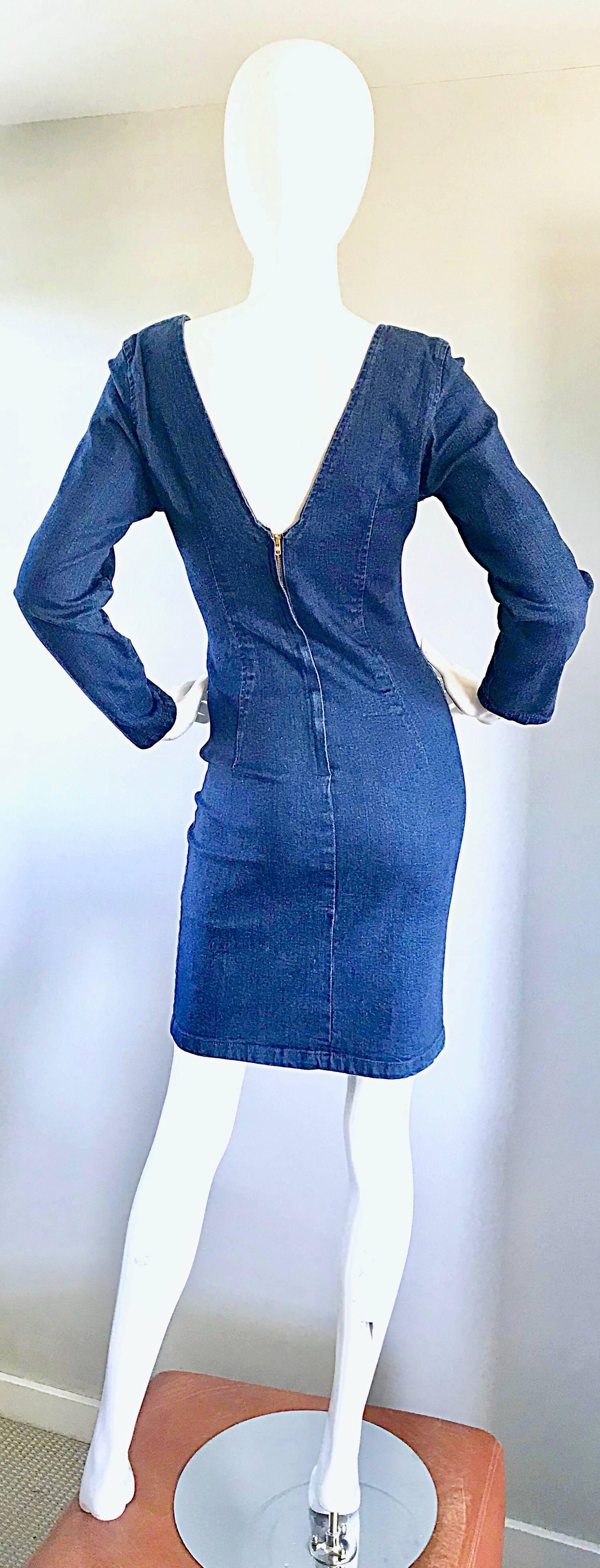 1990s Blue Jean Denim Long Sleeve Bodycon Form Fitting 90s Vintage Dress 5