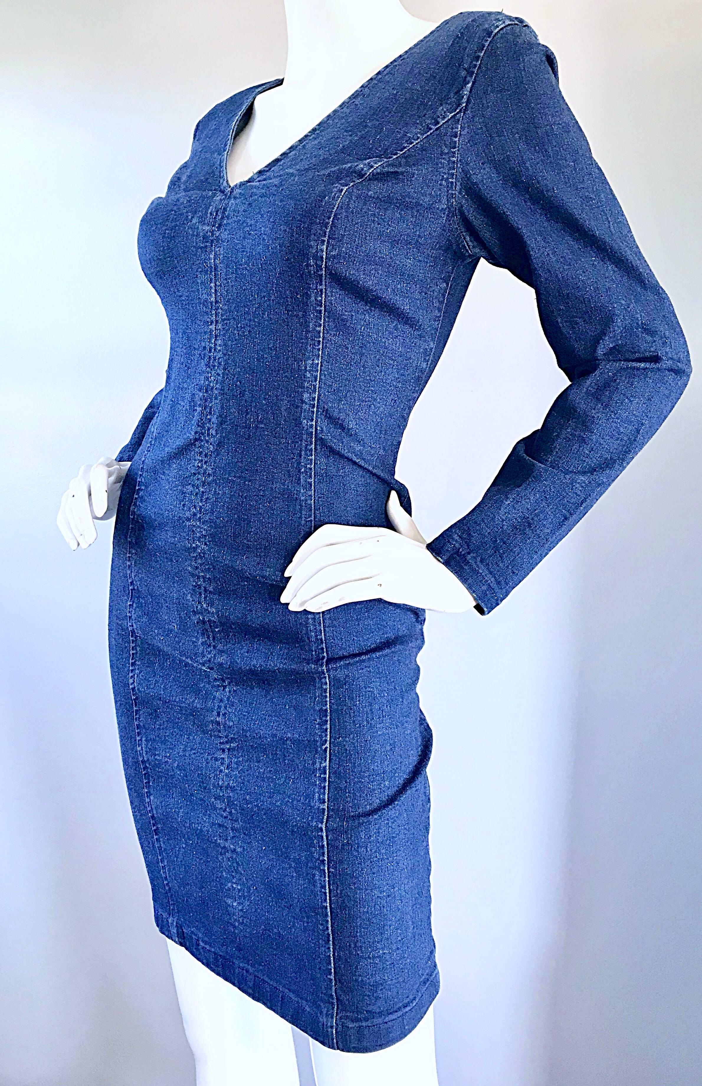 1990s Blue Jean Denim Long Sleeve Bodycon Form Fitting 90s Vintage Dress 1